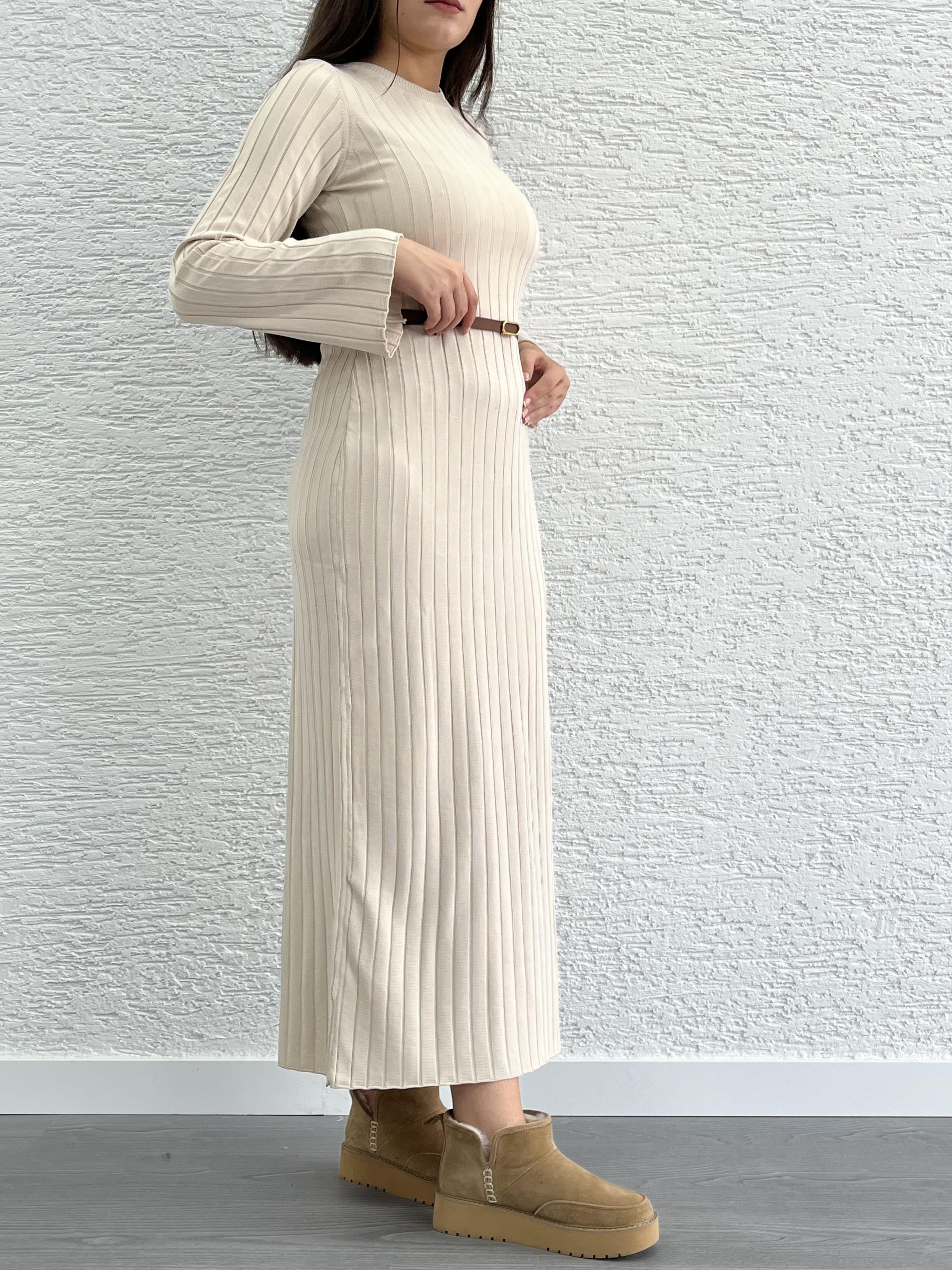 Krem Fitilli Triko Elbise