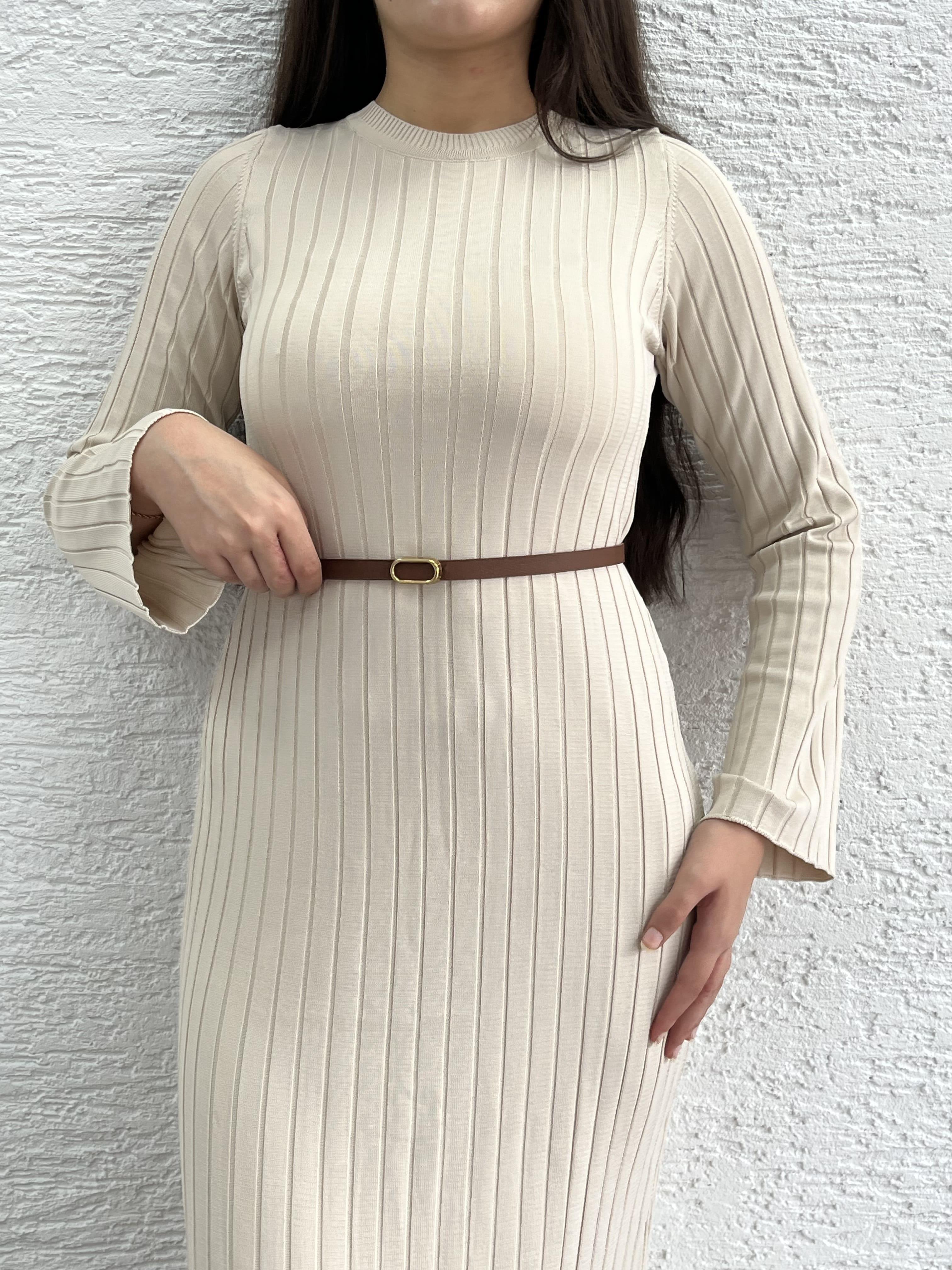 Krem Fitilli Triko Elbise