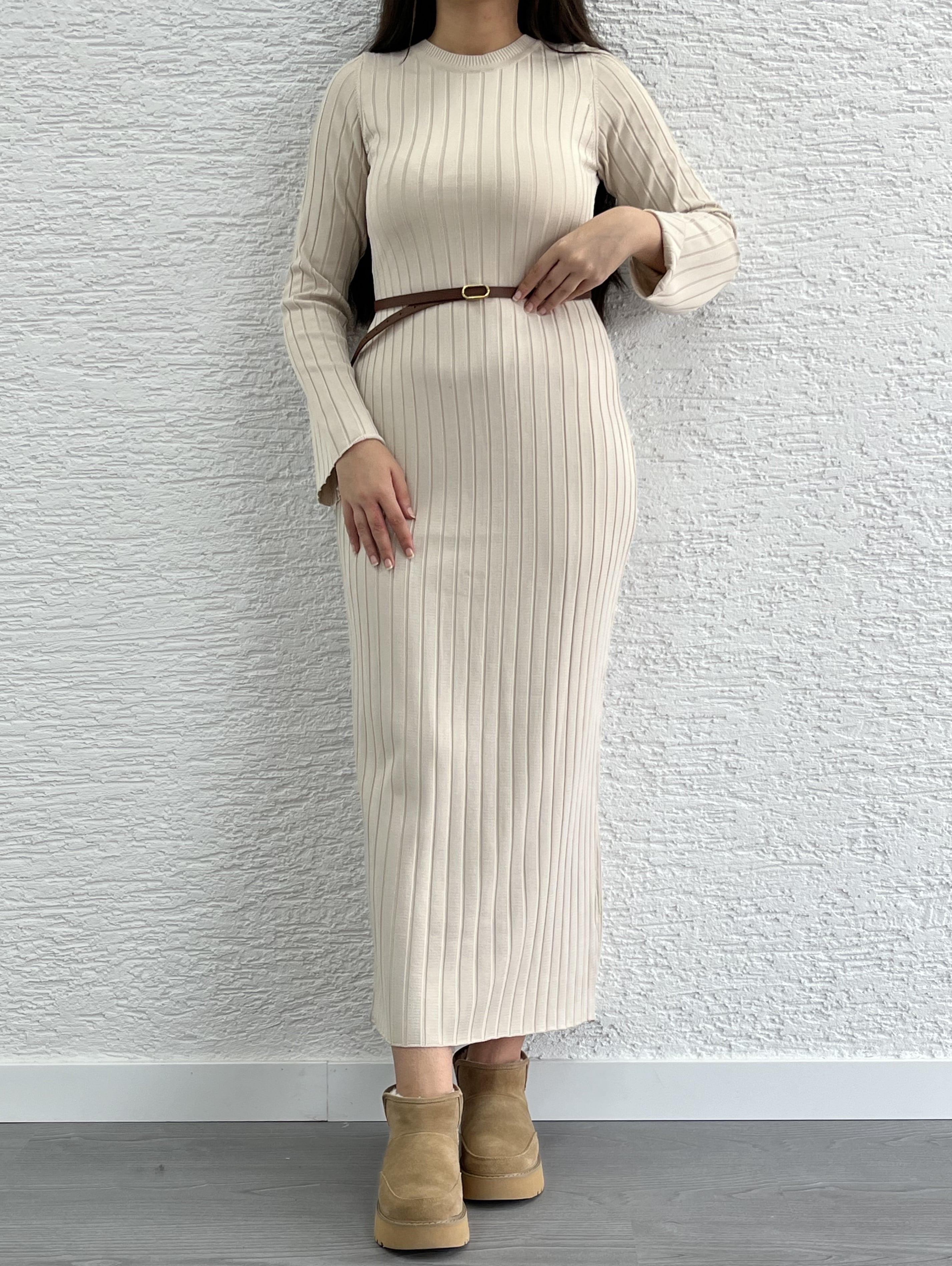 Krem Fitilli Triko Elbise