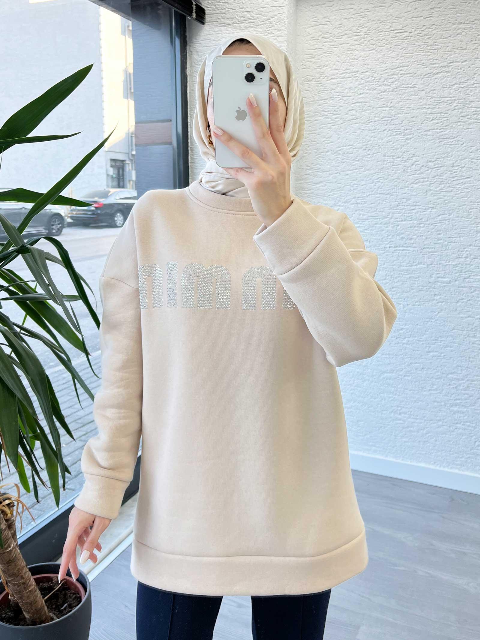 Krem Kadın Jardonlu Sweatshirt