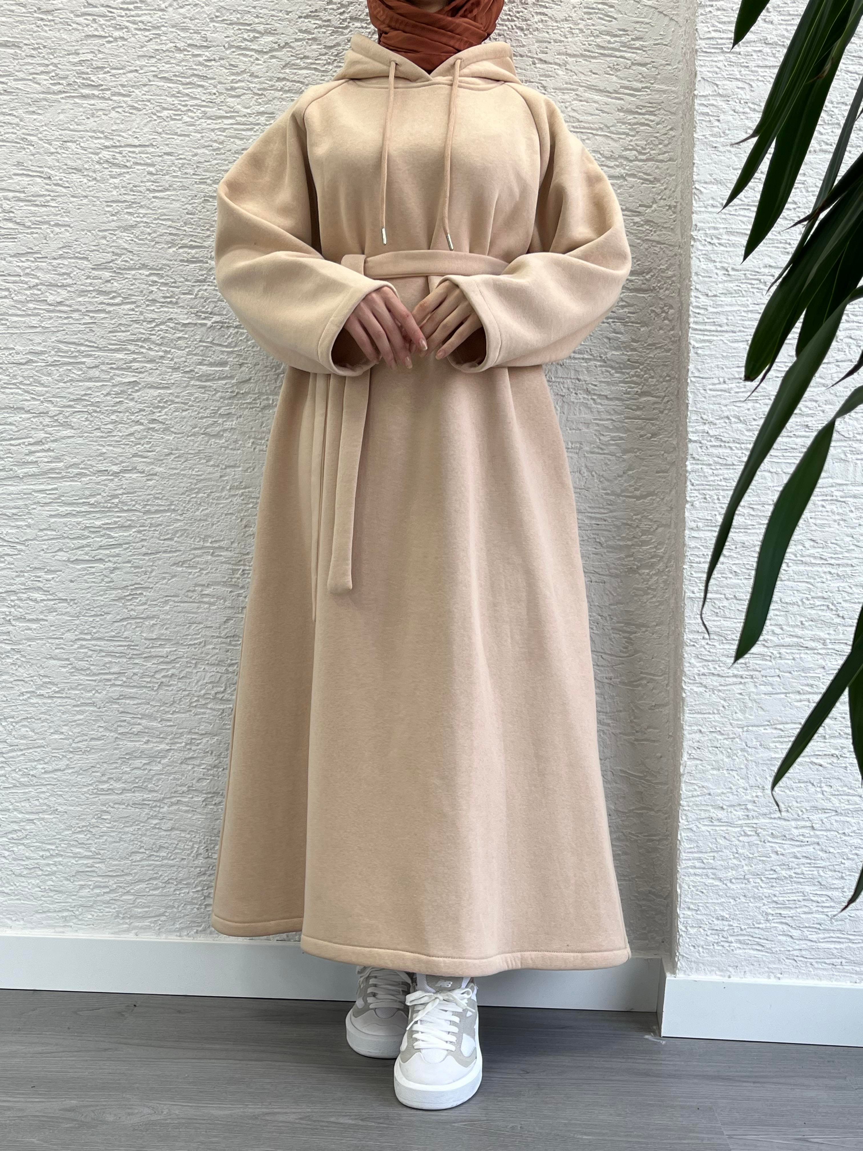 Krem Kapşonlu Oversize Sweat Elbise