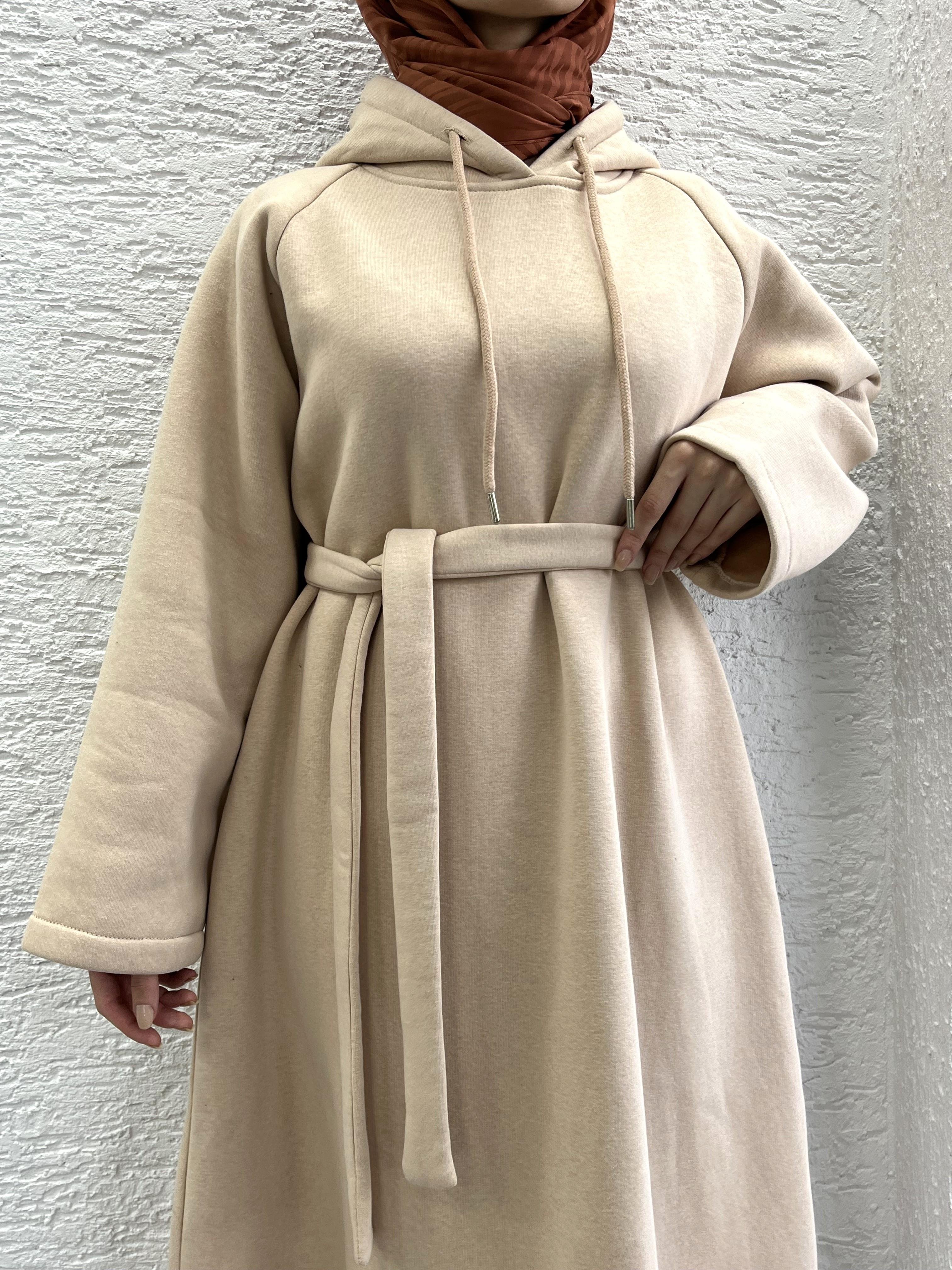 Krem Kapşonlu Oversize Sweat Elbise