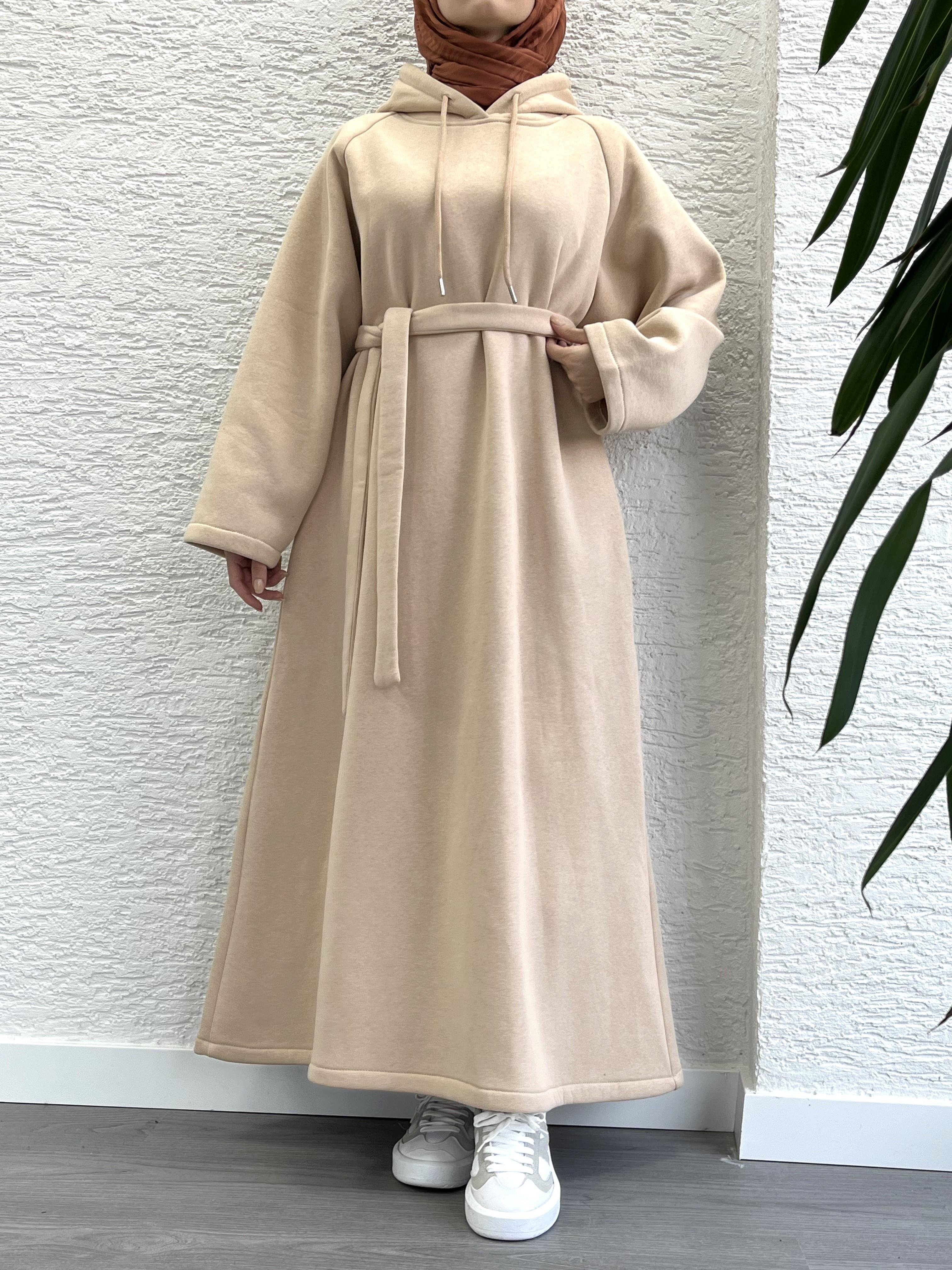 Krem Kapşonlu Oversize Sweat Elbise