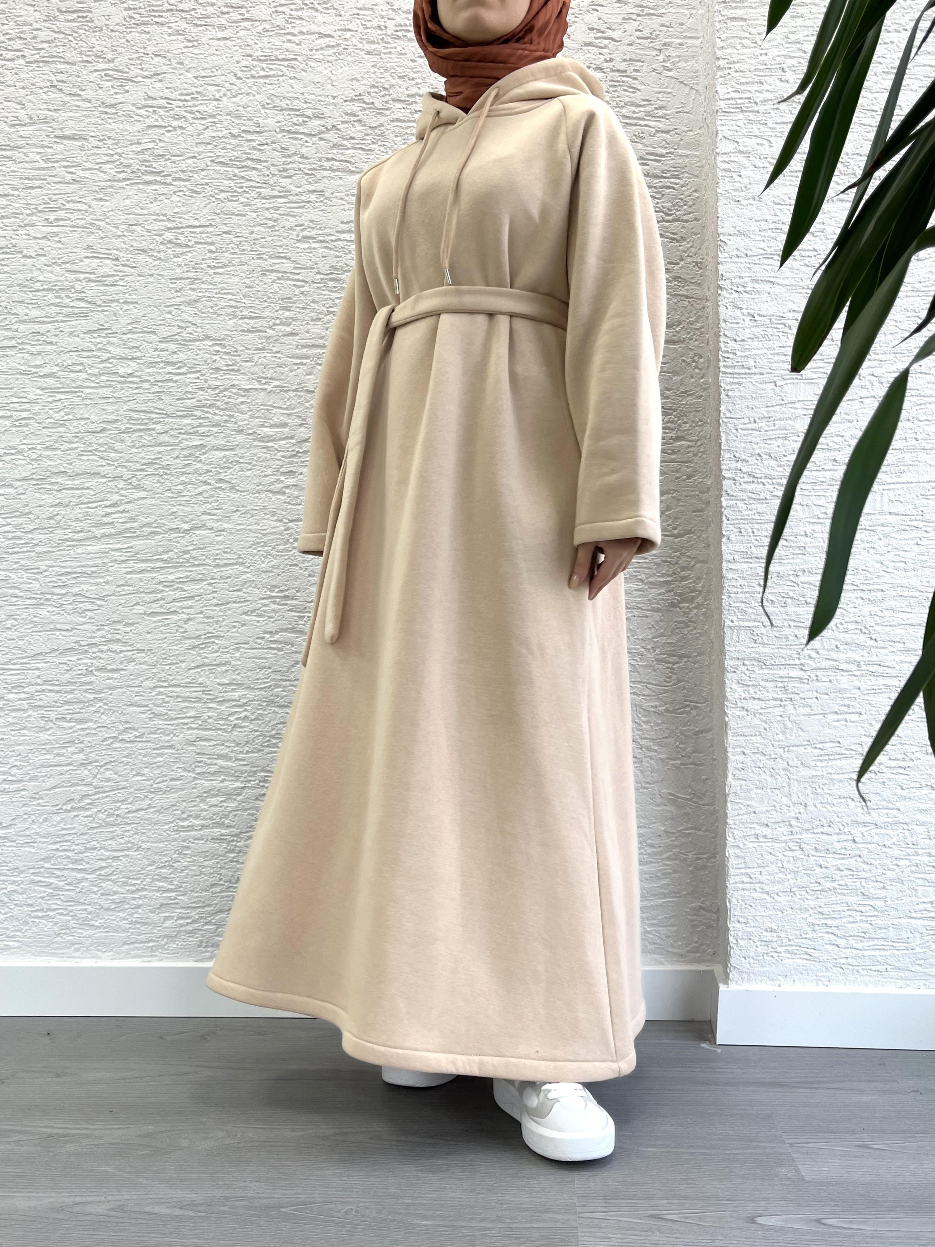 Krem Kapşonlu Oversize Sweat Elbise