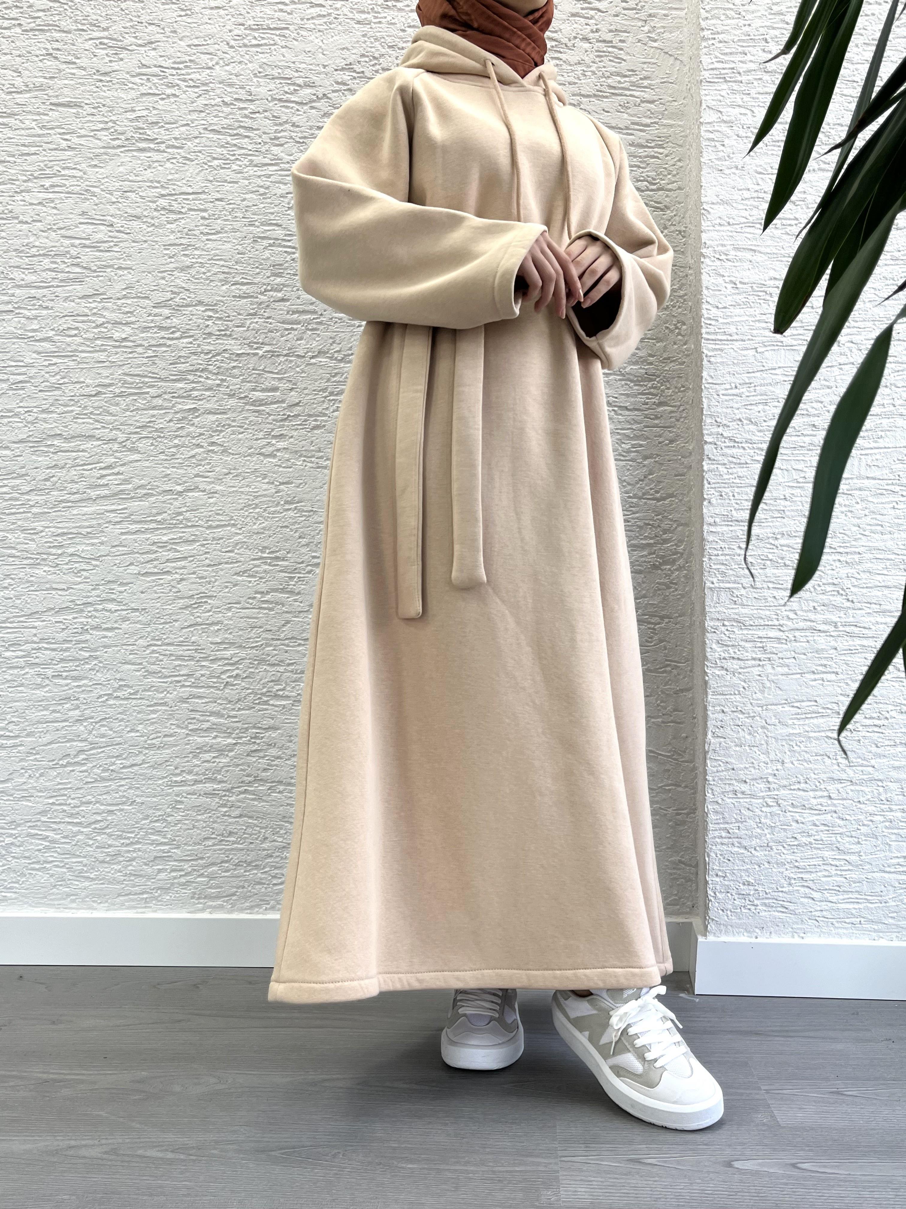 Krem Kapşonlu Oversize Sweat Elbise