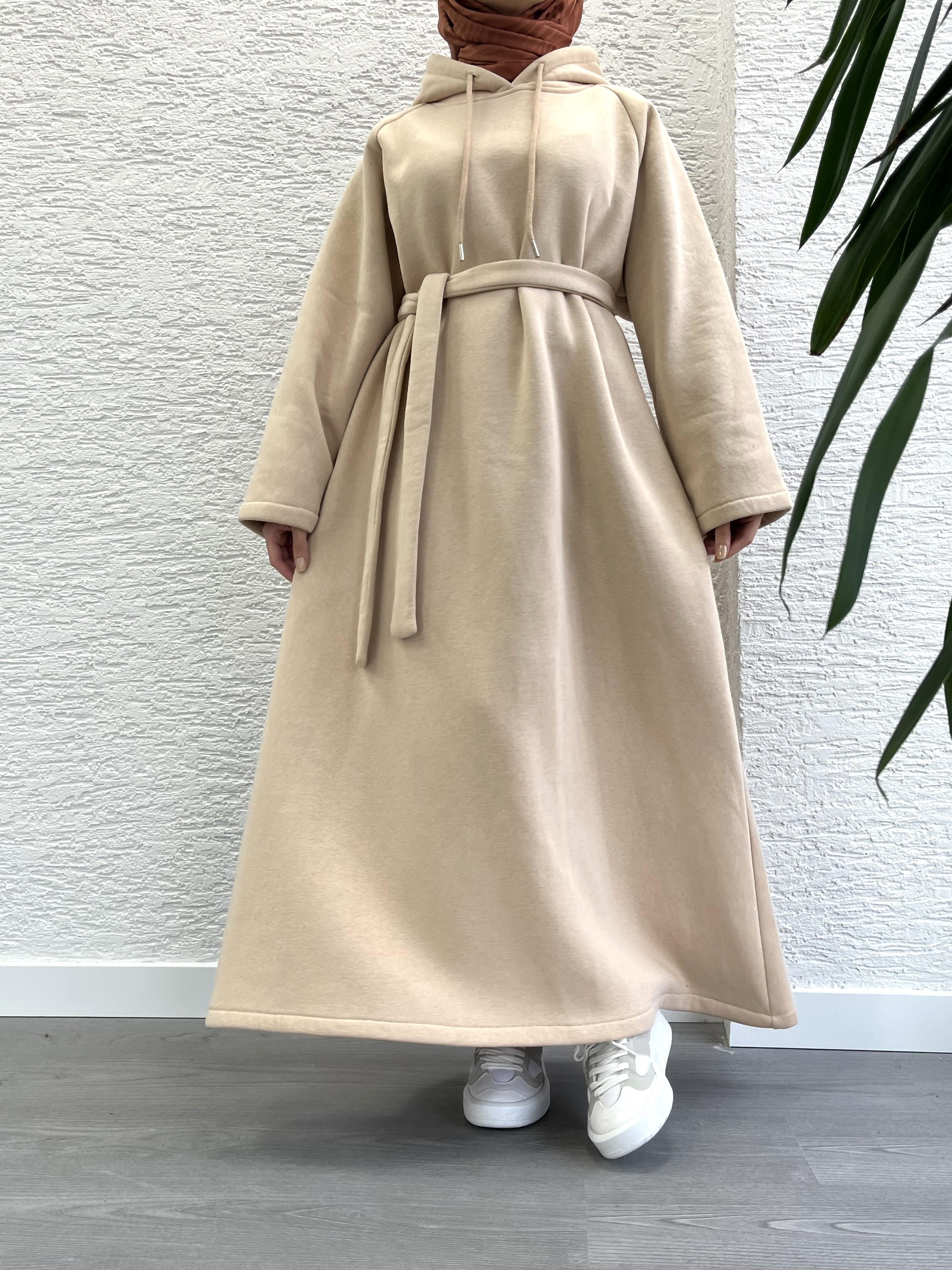 Krem Kapşonlu Oversize Sweat Elbise