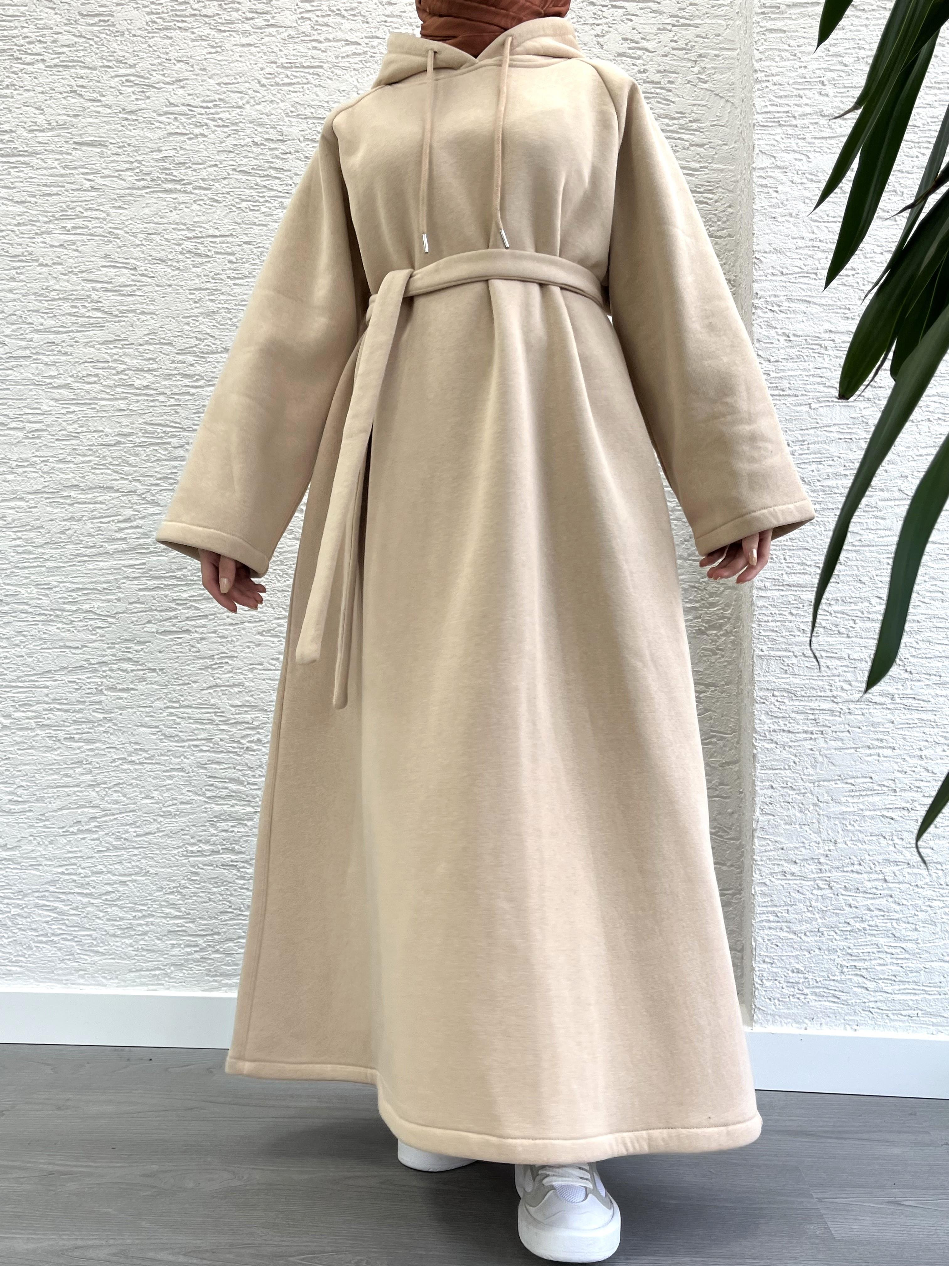 Krem Kapşonlu Oversize Sweat Elbise