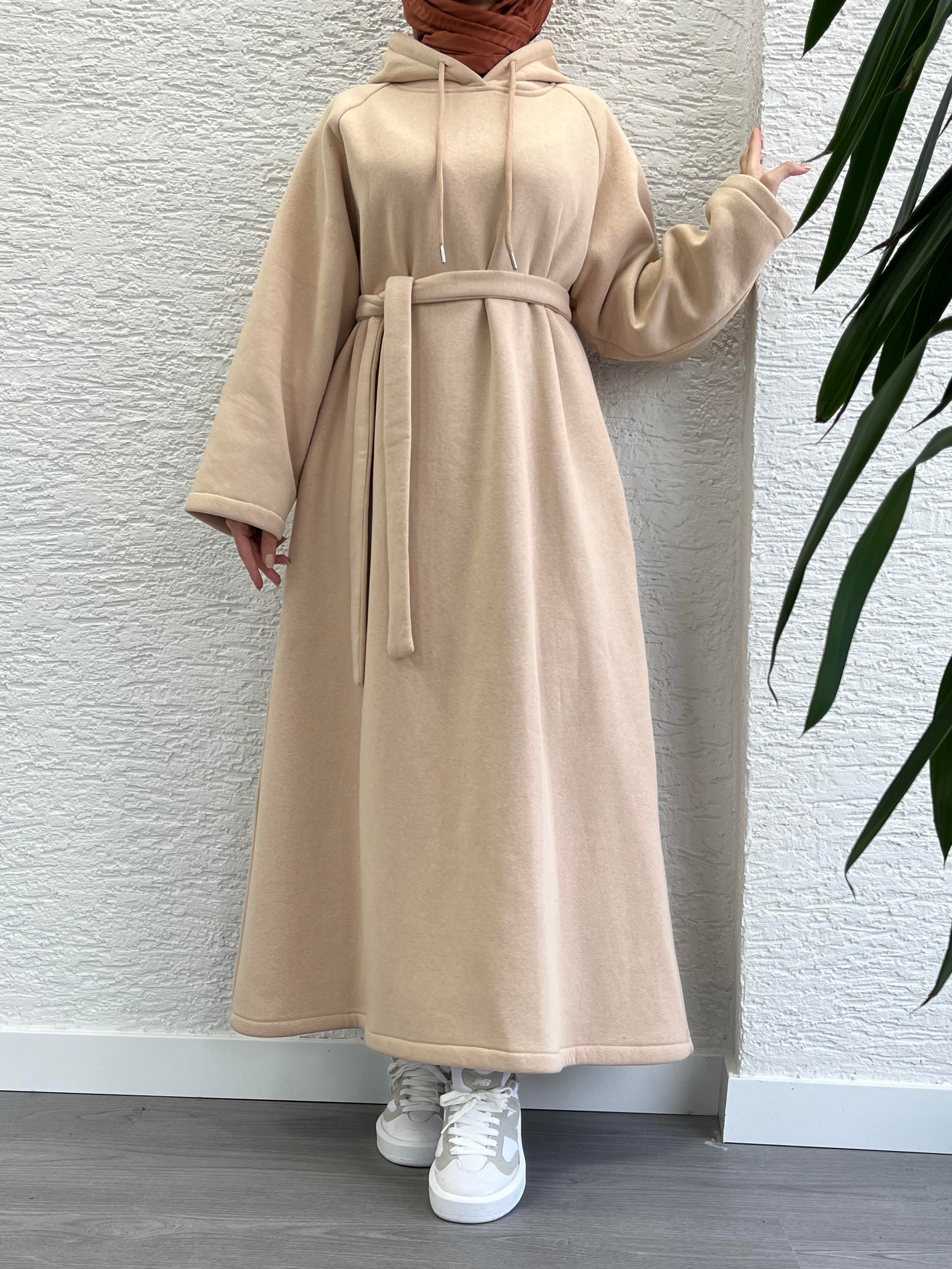 Krem Kapşonlu Oversize Sweat Elbise