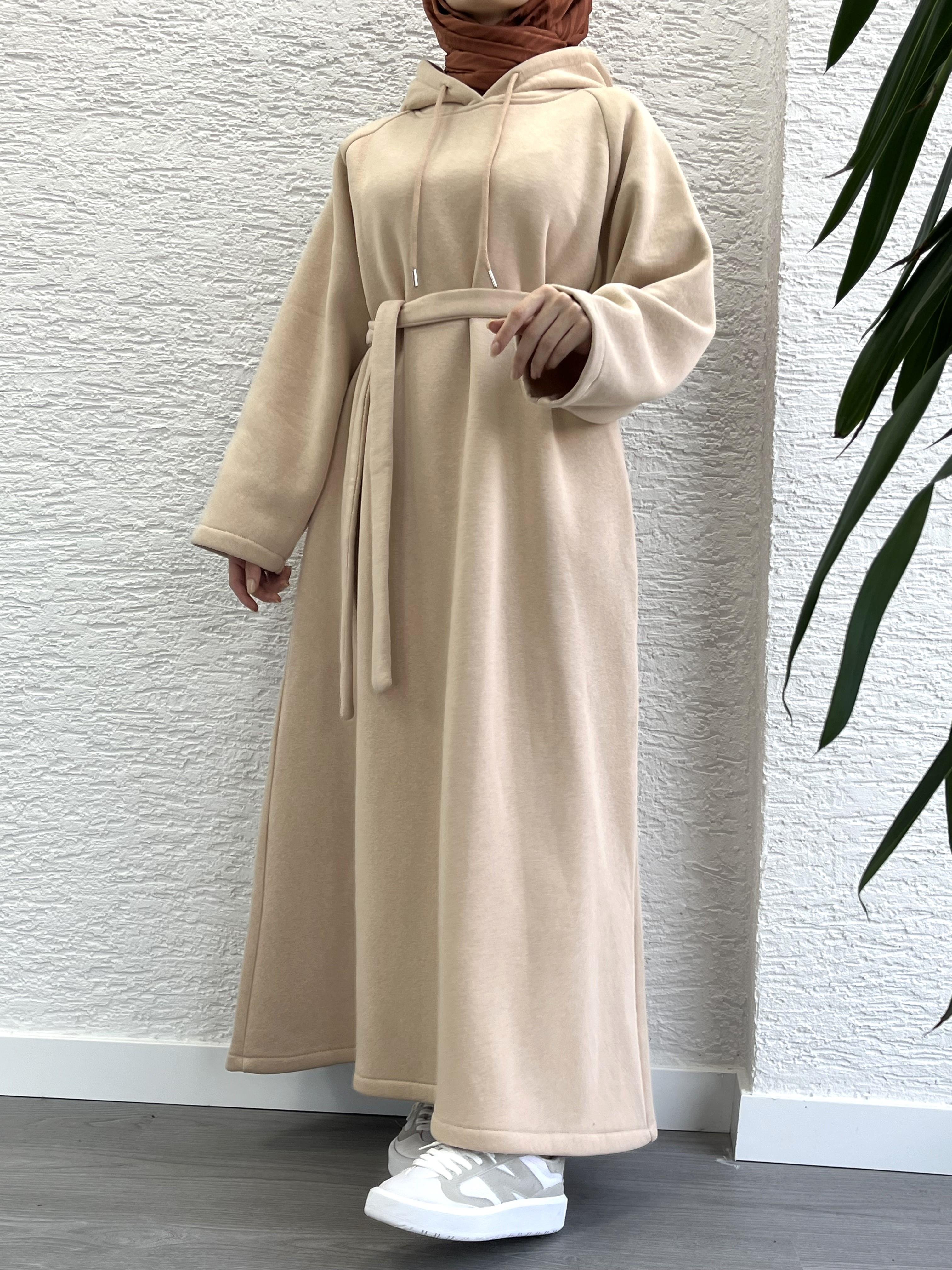 Krem Kapşonlu Oversize Sweat Elbise