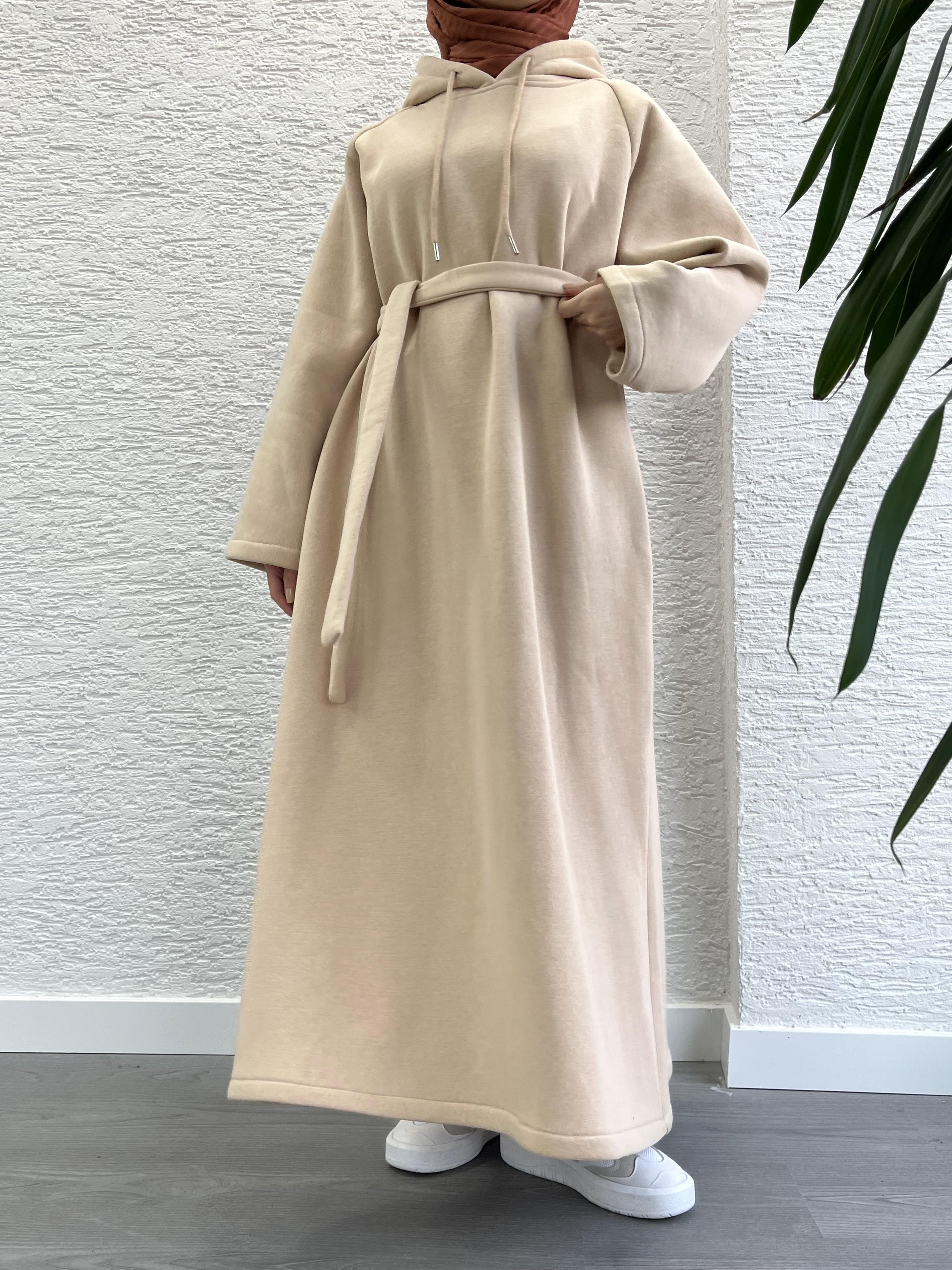 Krem Kapşonlu Oversize Sweat Elbise