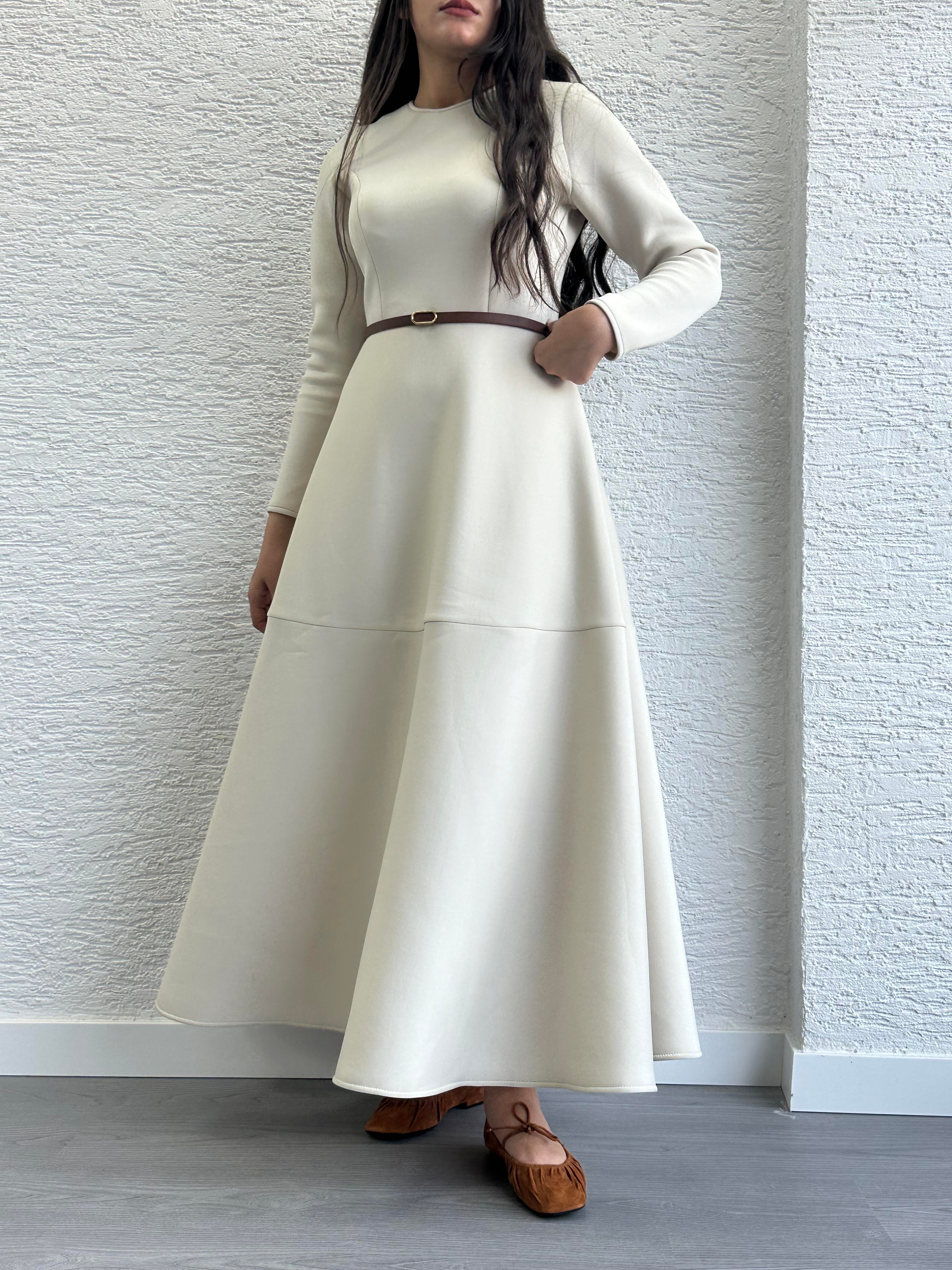 Krem Kemerli Lisa Elbise