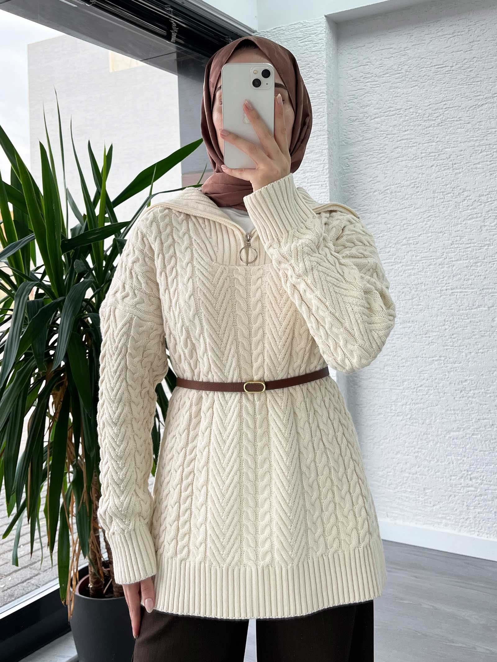 Krem Örgü Desen Kazak Tunik
