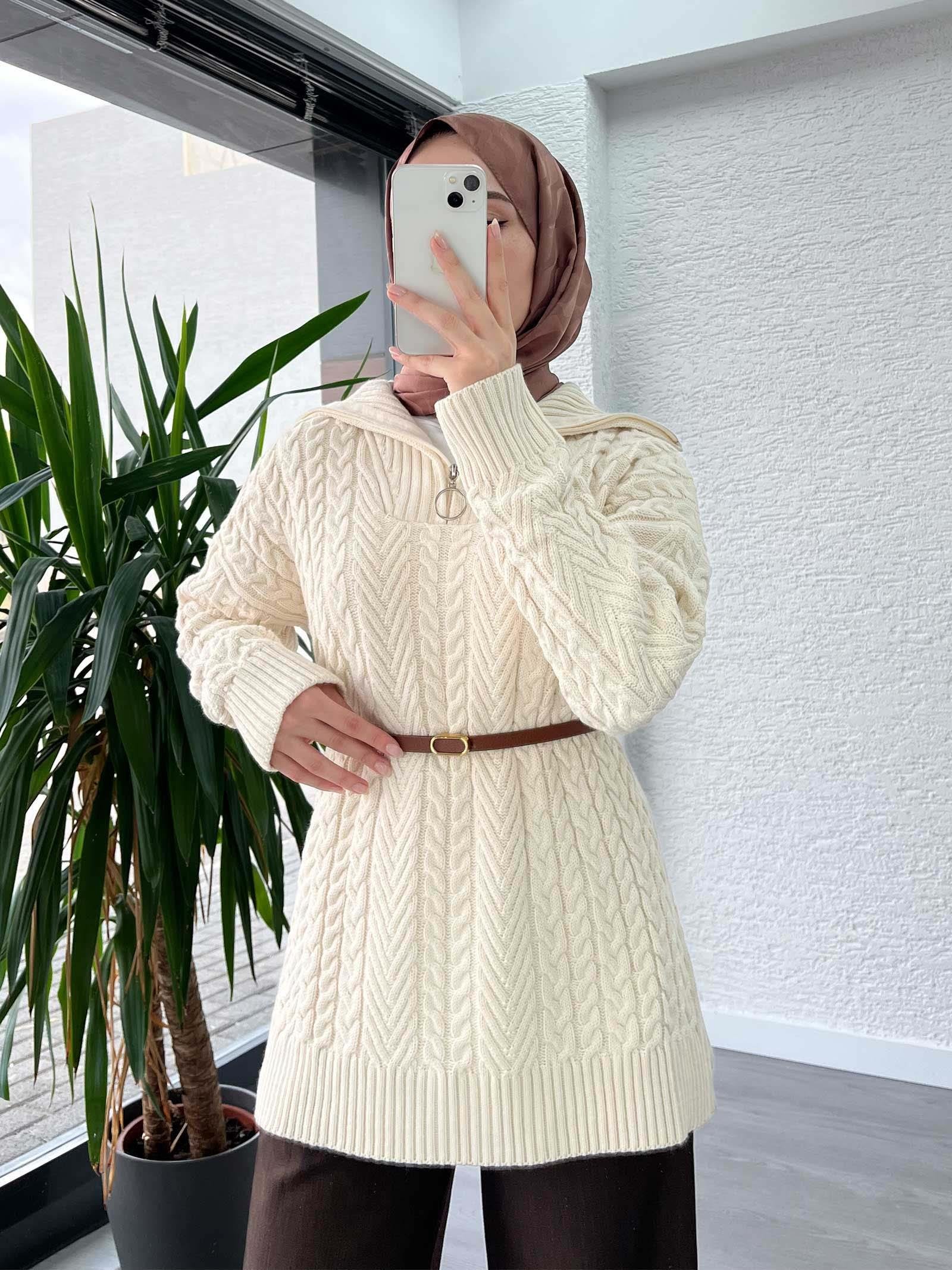Krem Örgü Desen Kazak Tunik