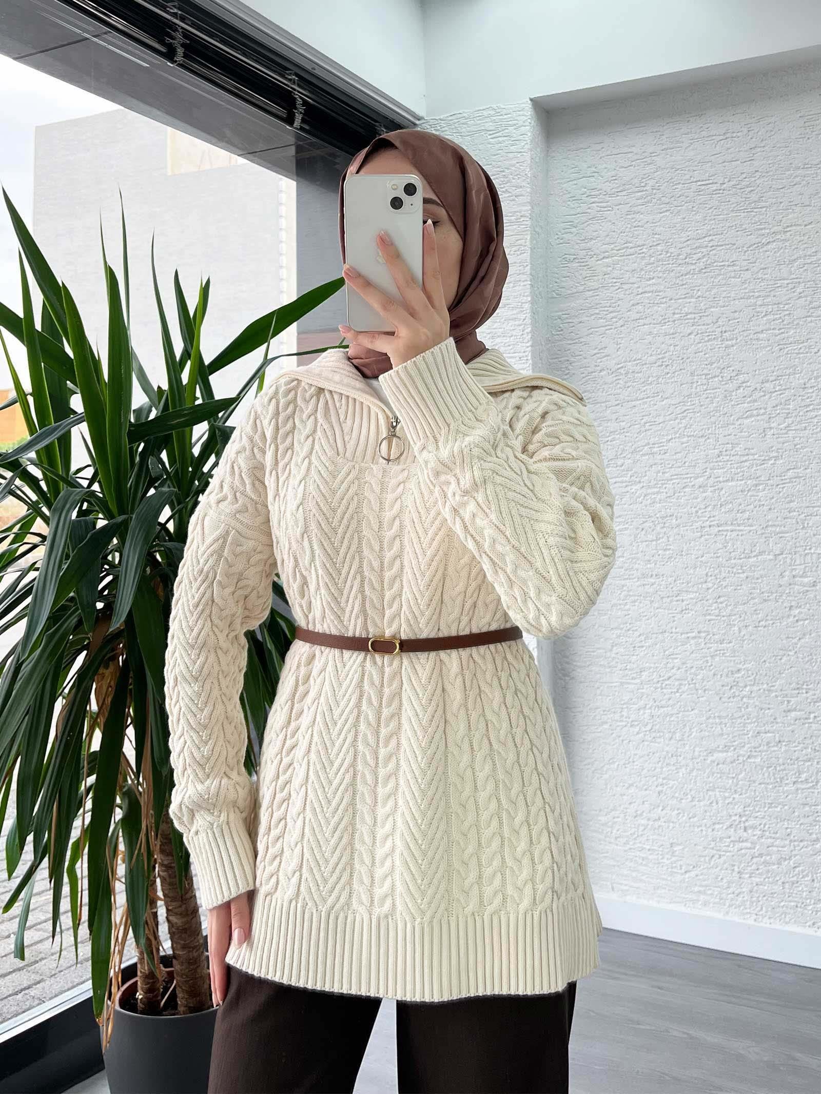 Krem Örgü Desen Kazak Tunik
