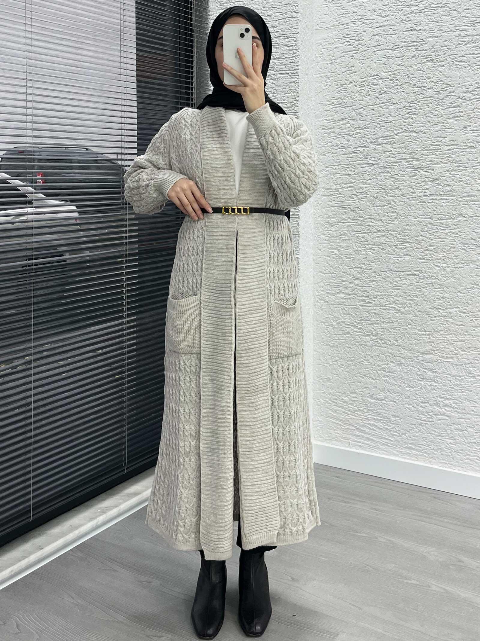 Krem Örgü Desenli Uzun Triko Hırka