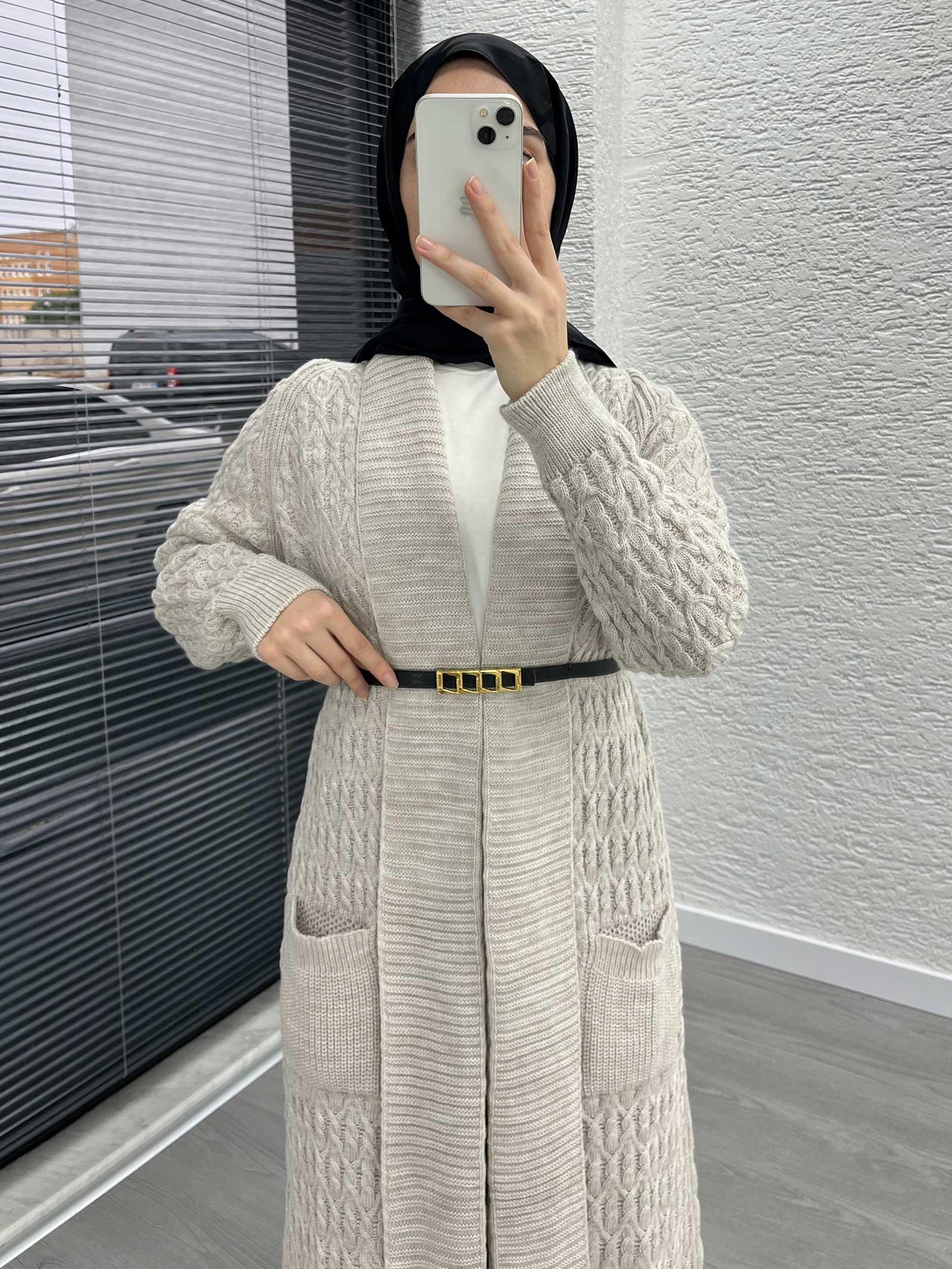 Krem Örgü Desenli Uzun Triko Hırka