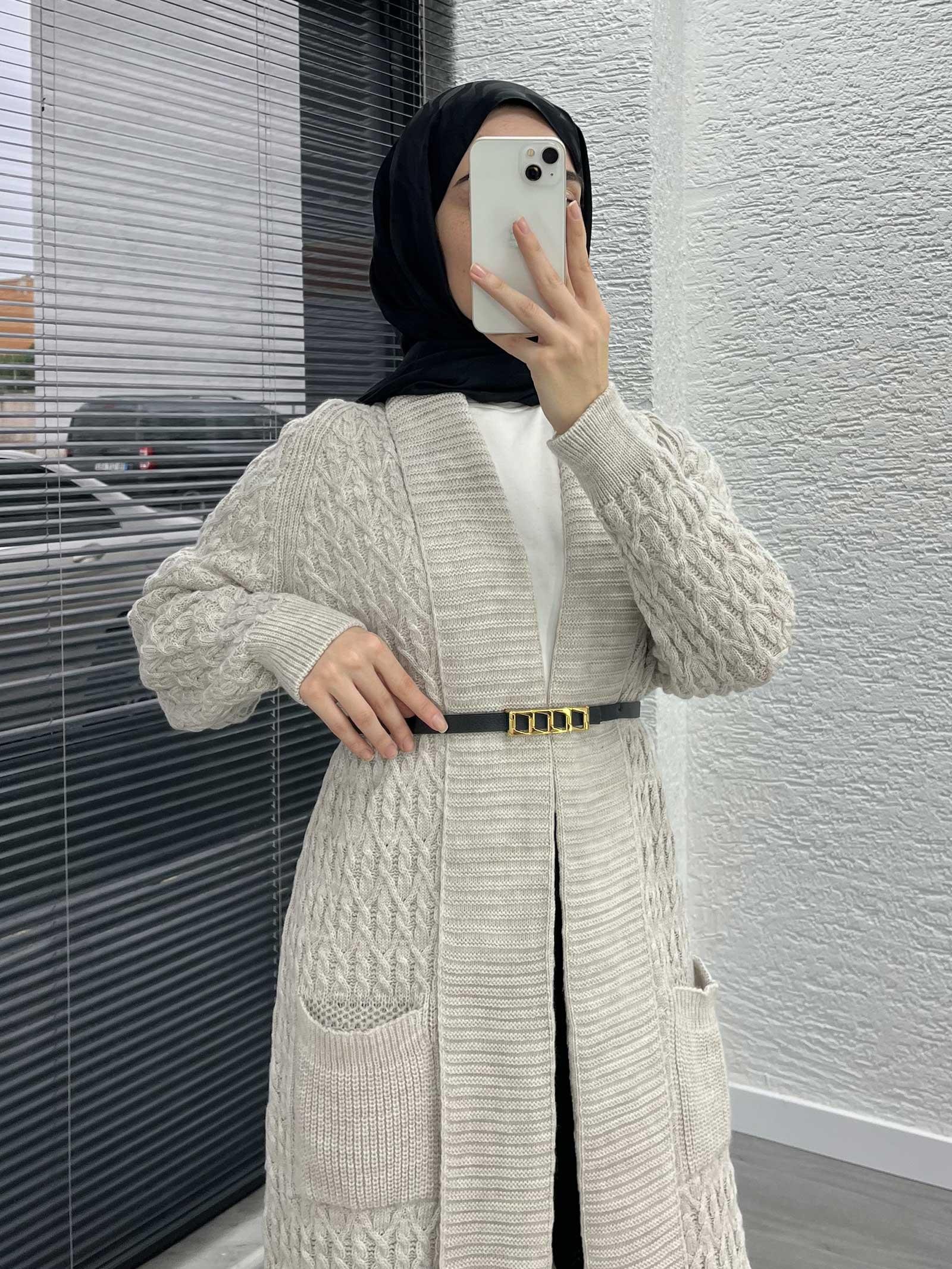 Krem Örgü Desenli Uzun Triko Hırka