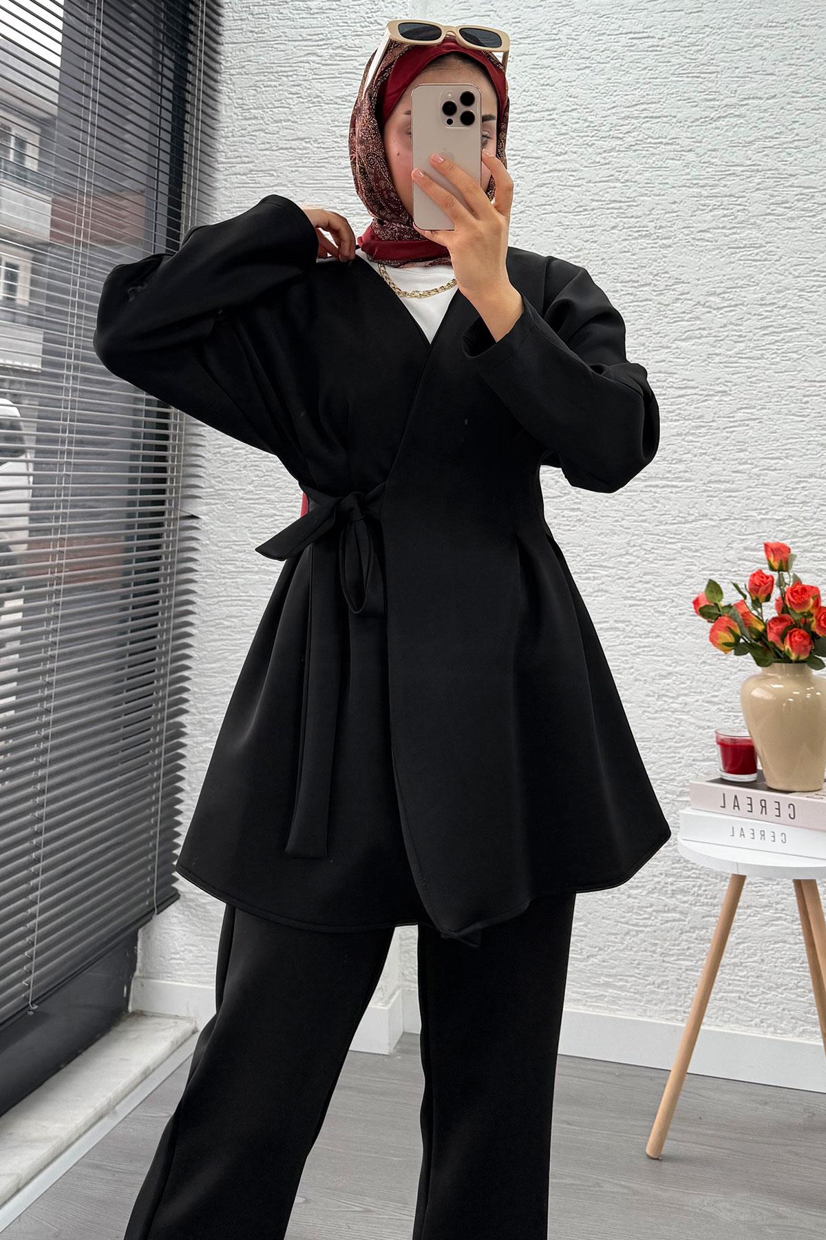 Kruvaze Yaka Pensli Tasarım Scuba Takım - Siyah