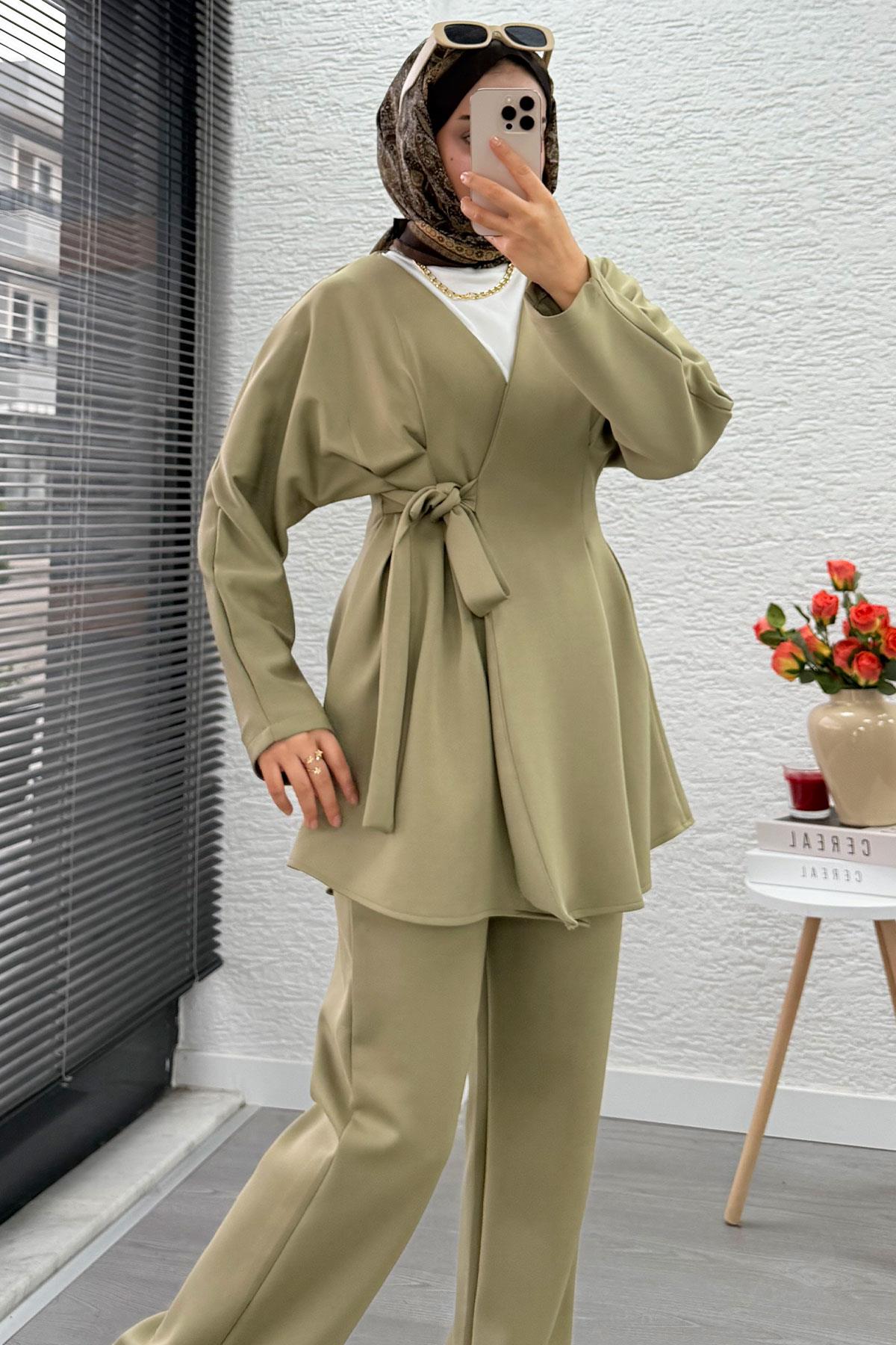 Kruvaze Yaka Pensli Tasarım Scuba Takım - Yeşil