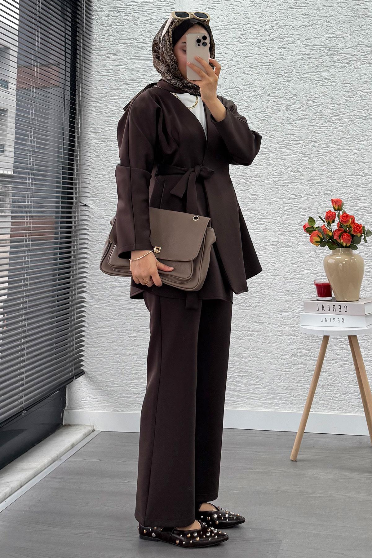 Kruvaze Yaka Pensli Tasarım Scuba Takım - Kahverengi