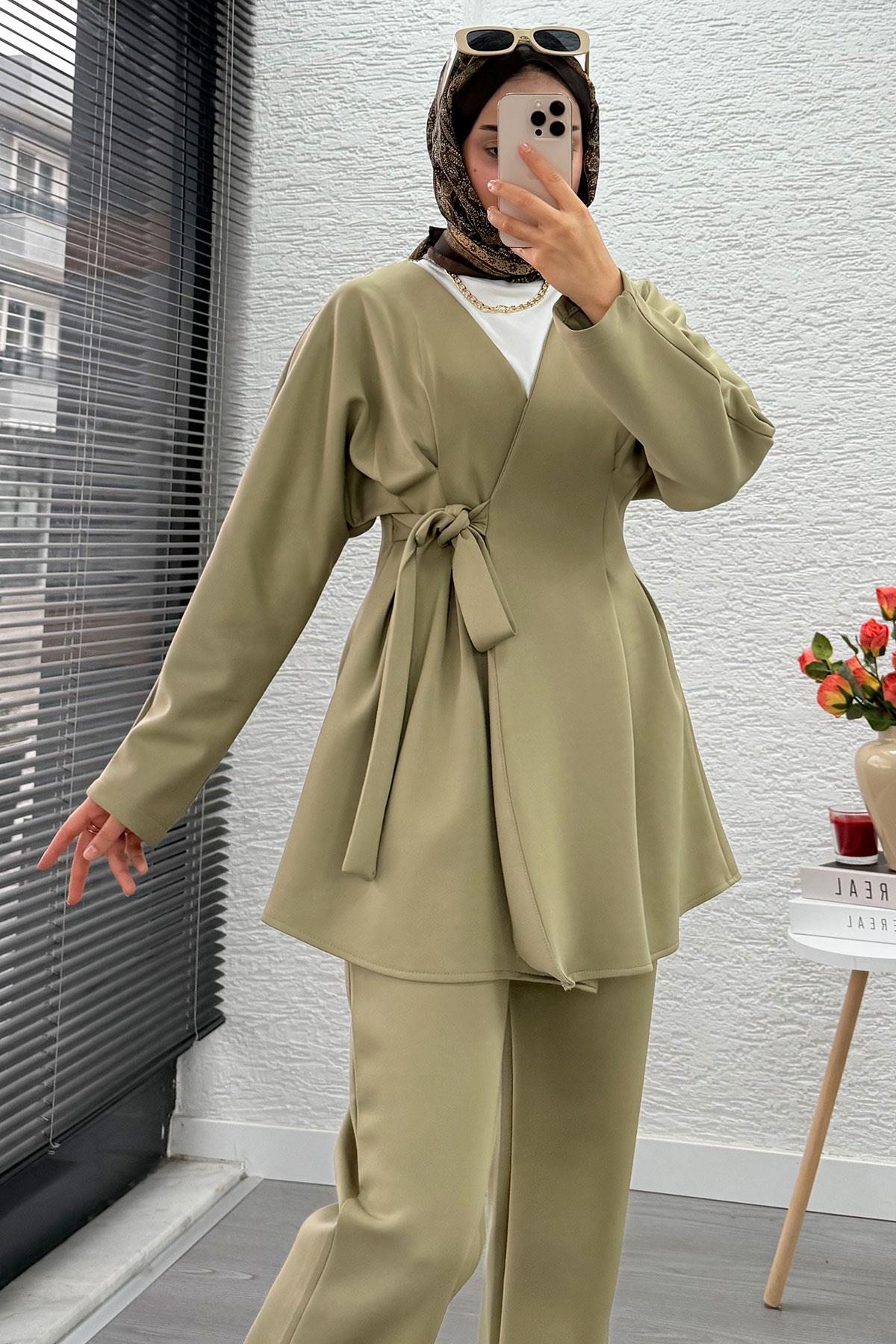 Kruvaze Yaka Pensli Tasarım Scuba Takım - Yeşil