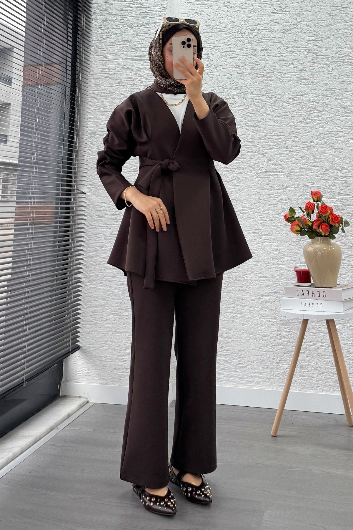 Kruvaze Yaka Pensli Tasarım Scuba Takım - Kahverengi