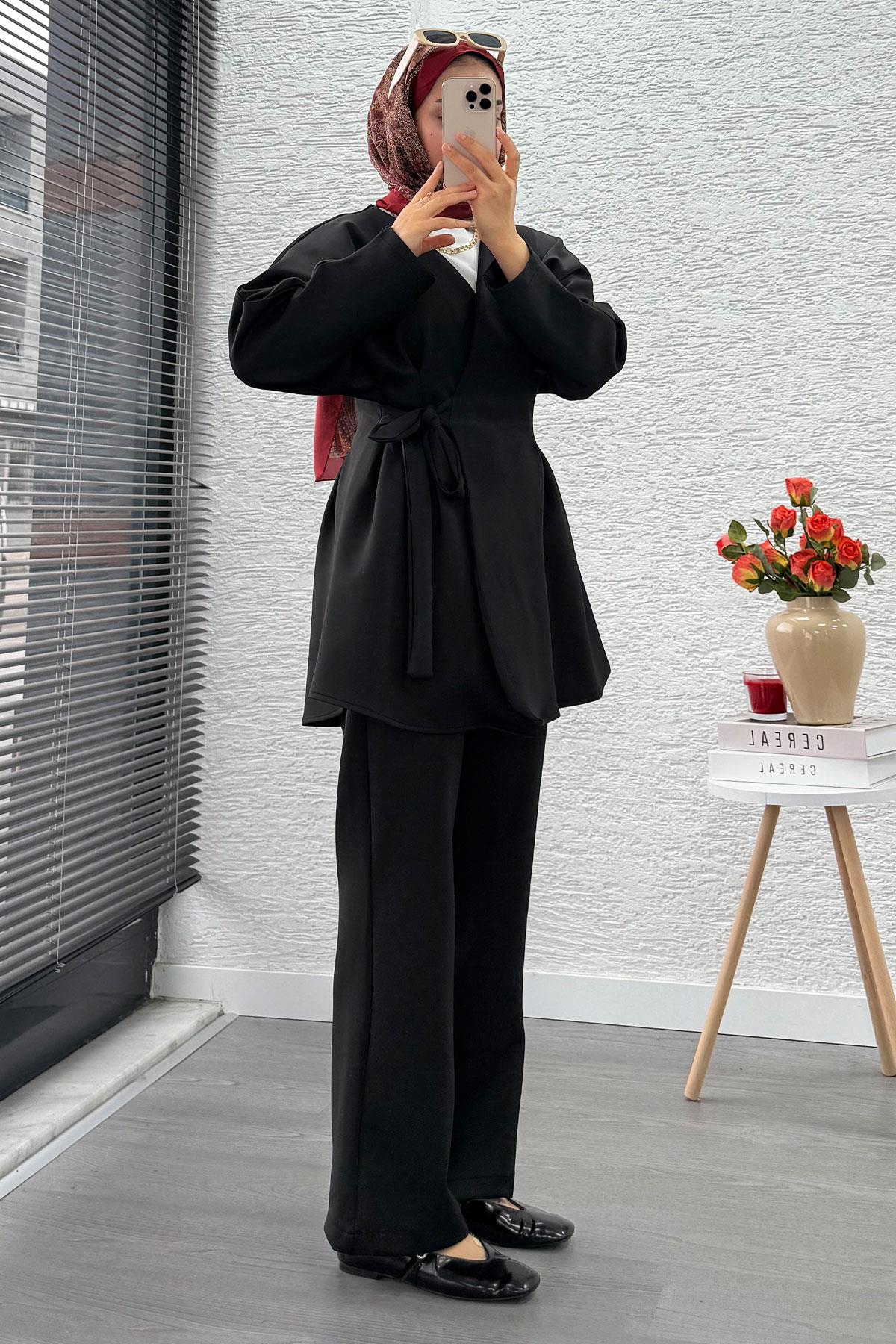 Kruvaze Yaka Pensli Tasarım Scuba Takım - Siyah