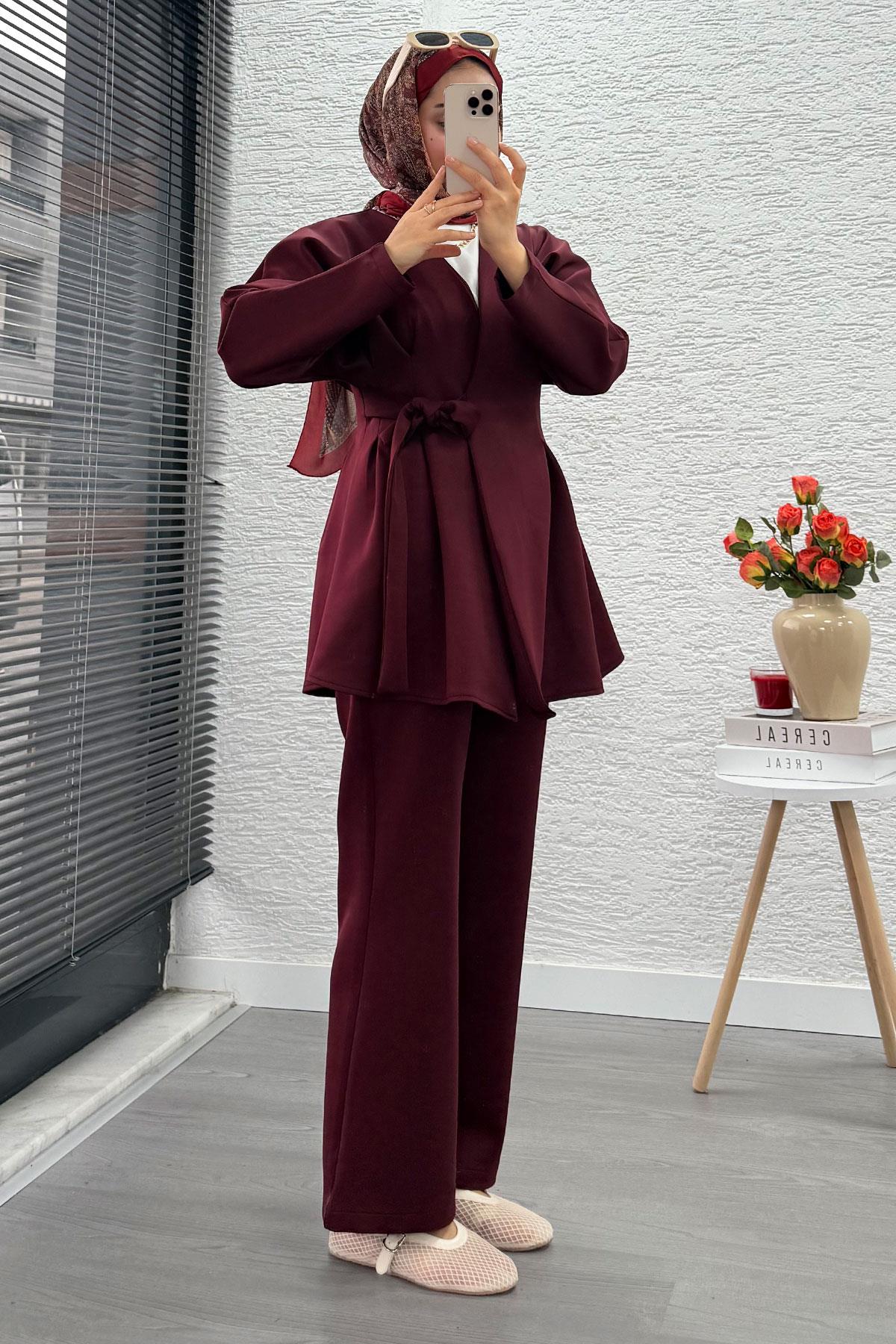 Kruvaze Yaka Pensli Tasarım Scuba Takım - Bordo