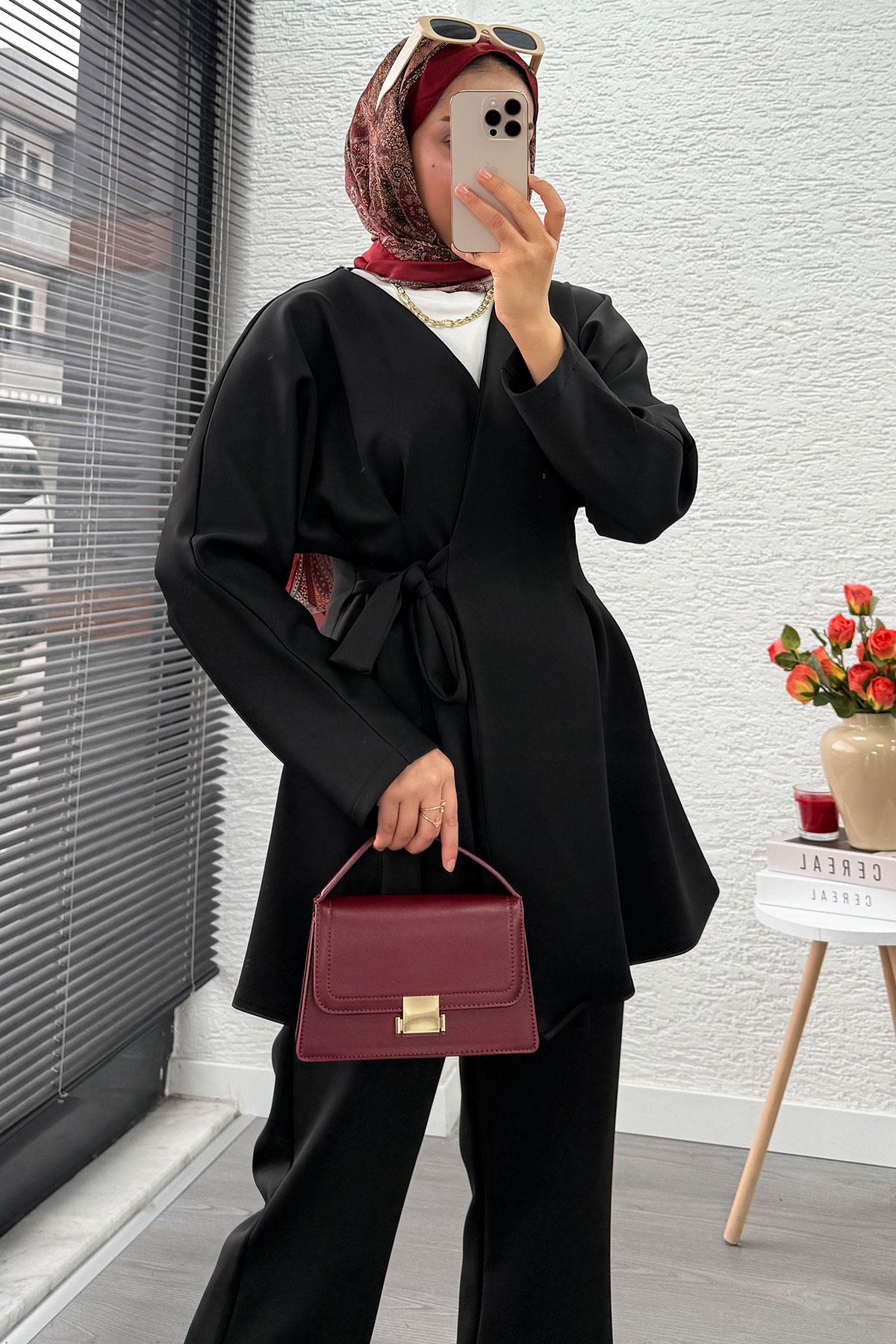 Kruvaze Yaka Pensli Tasarım Scuba Takım - Siyah