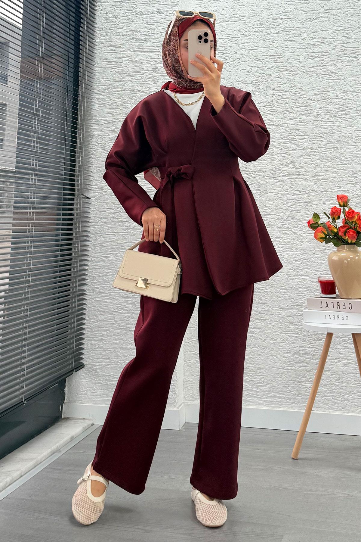 Kruvaze Yaka Pensli Tasarım Scuba Takım - Bordo