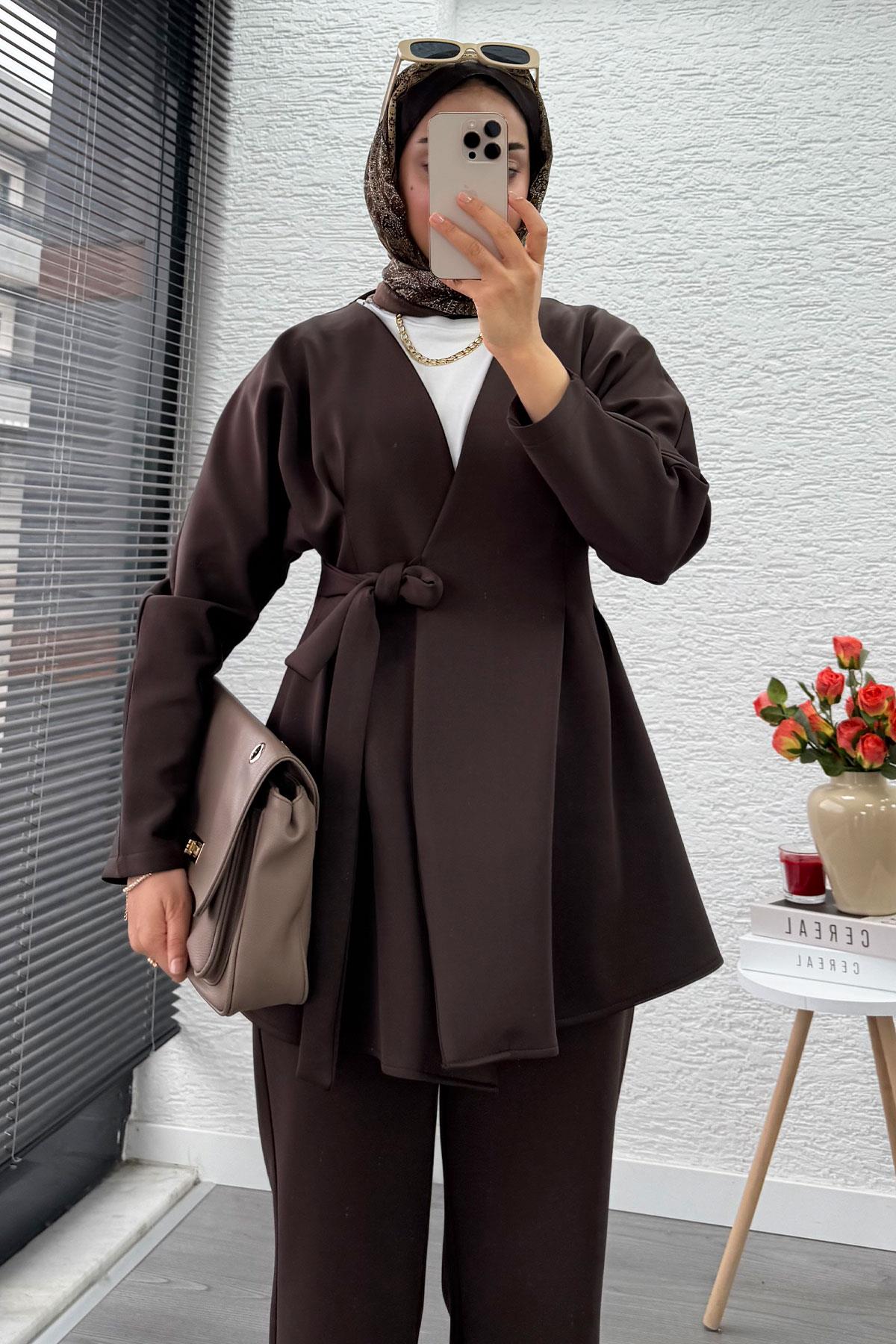 Kruvaze Yaka Pensli Tasarım Scuba Takım - Kahverengi