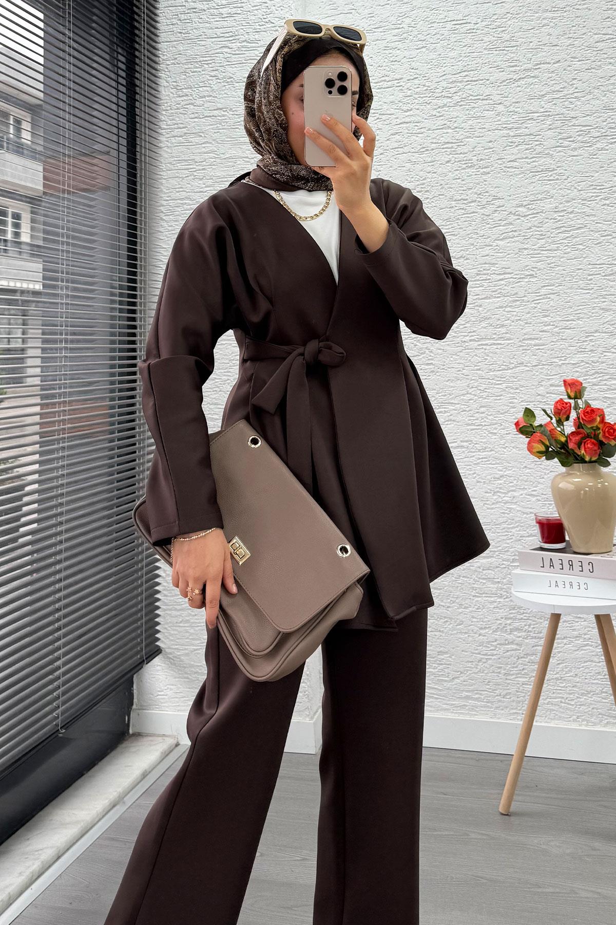 Kruvaze Yaka Pensli Tasarım Scuba Takım - Kahverengi