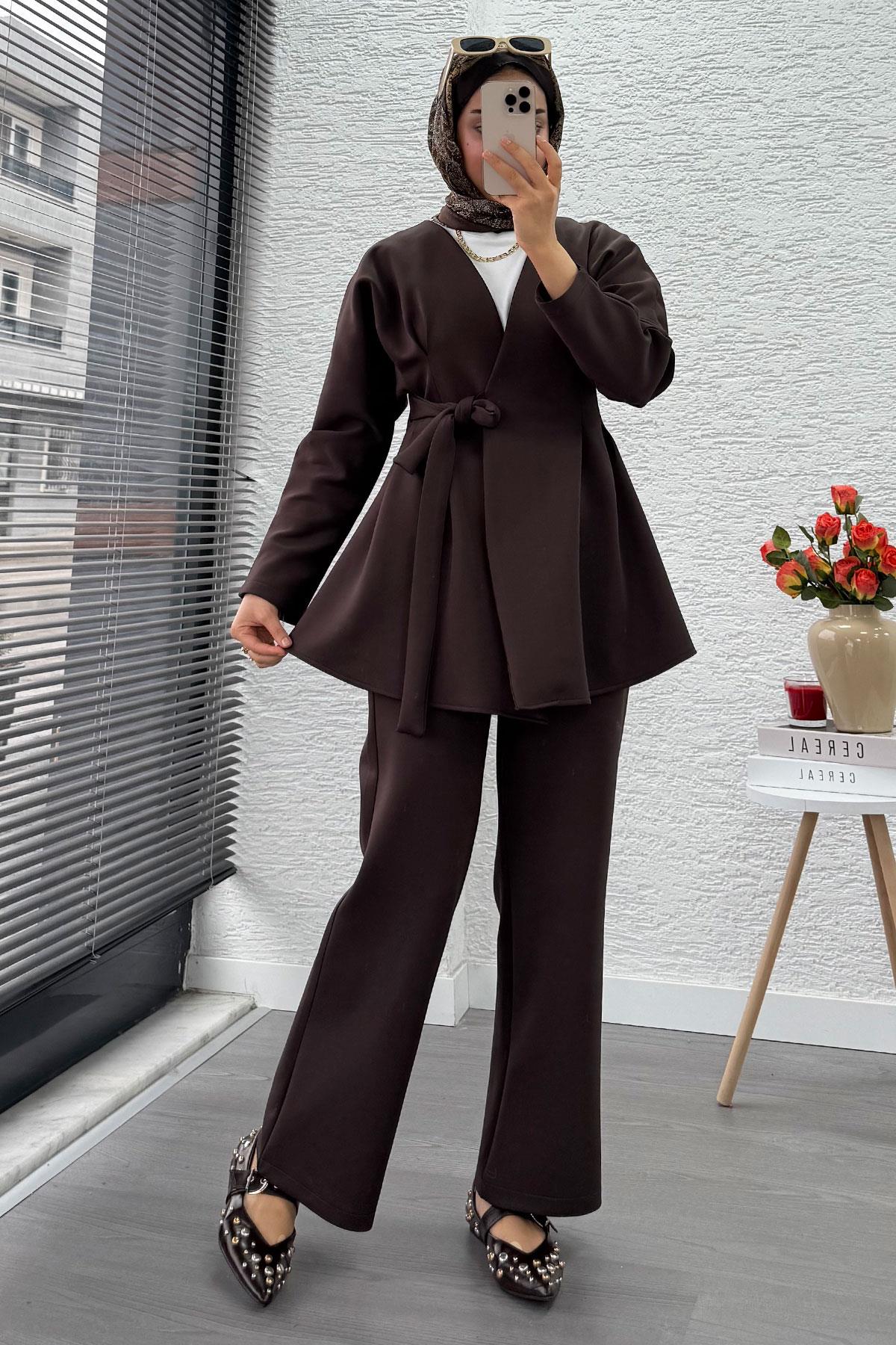 Kruvaze Yaka Pensli Tasarım Scuba Takım - Kahverengi