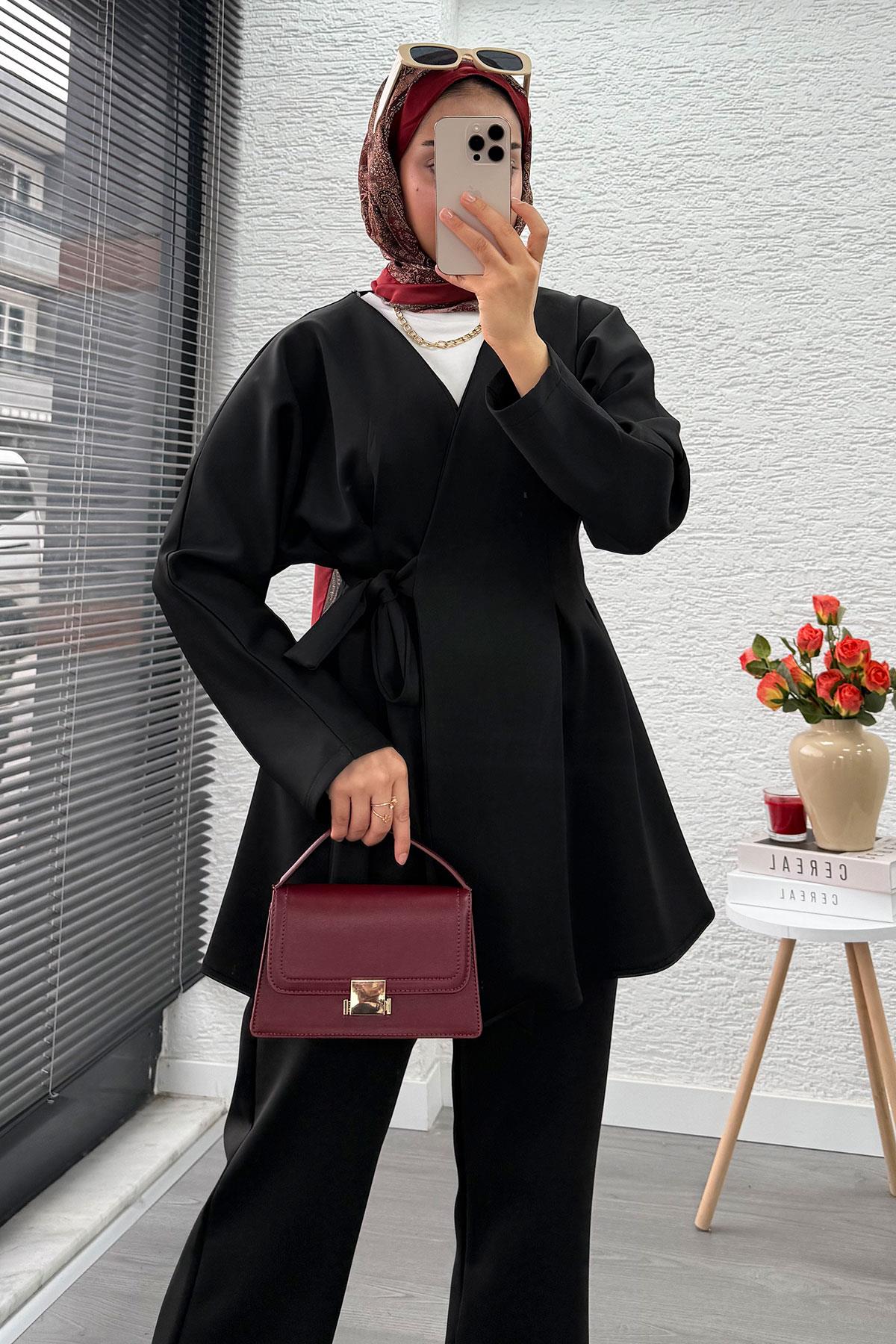 Kruvaze Yaka Pensli Tasarım Scuba Takım - Siyah