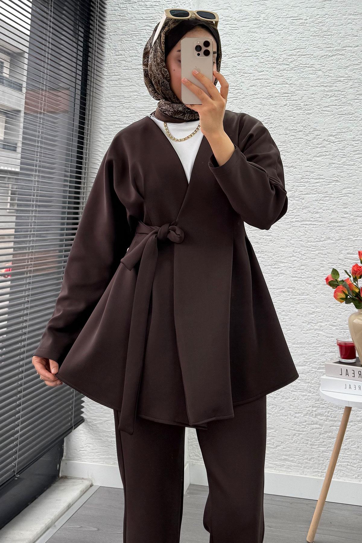 Kruvaze Yaka Pensli Tasarım Scuba Takım - Kahverengi