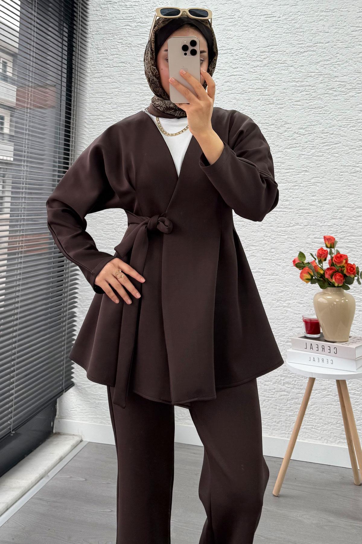 Kruvaze Yaka Pensli Tasarım Scuba Takım - Kahverengi