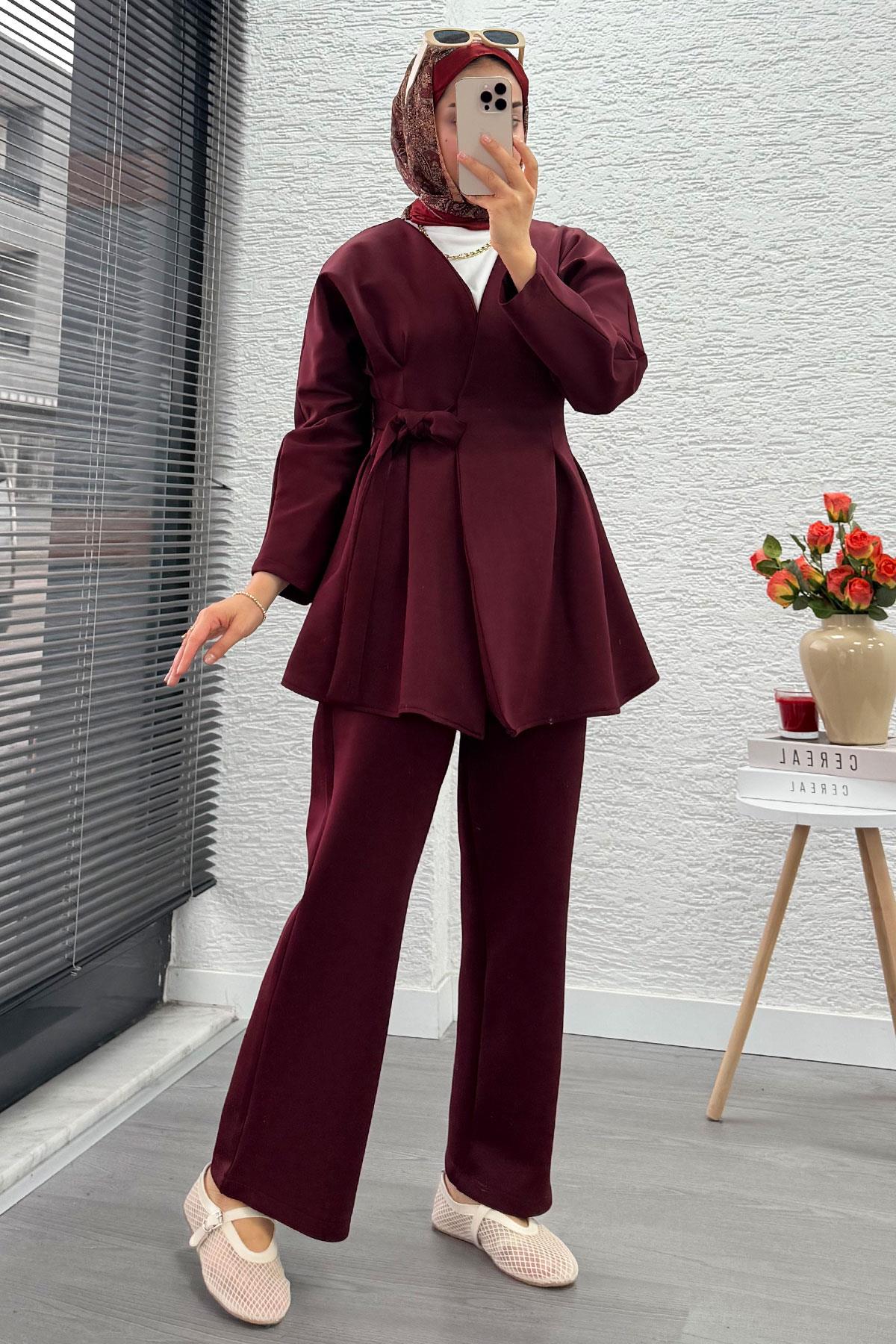 Kruvaze Yaka Pensli Tasarım Scuba Takım - Bordo