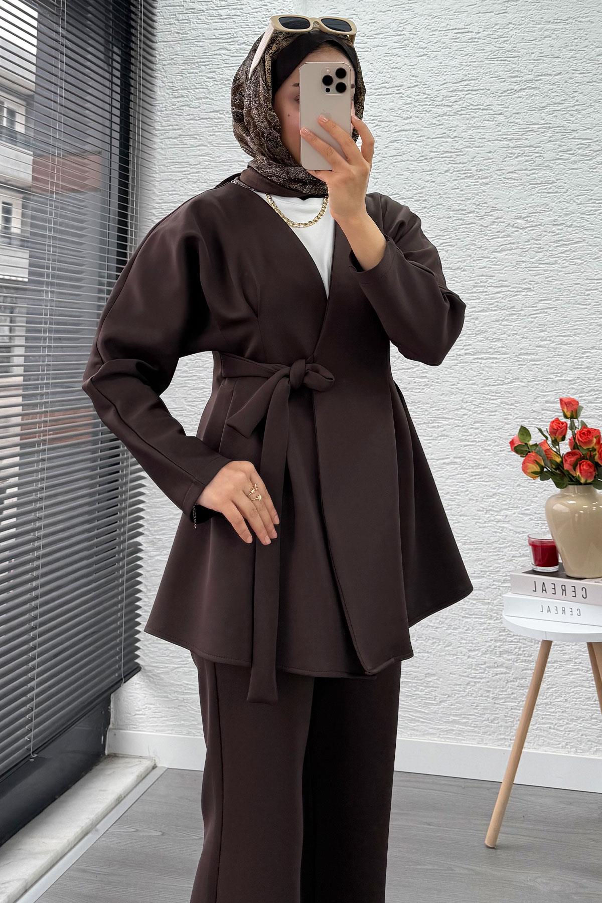 Kruvaze Yaka Pensli Tasarım Scuba Takım - Kahverengi