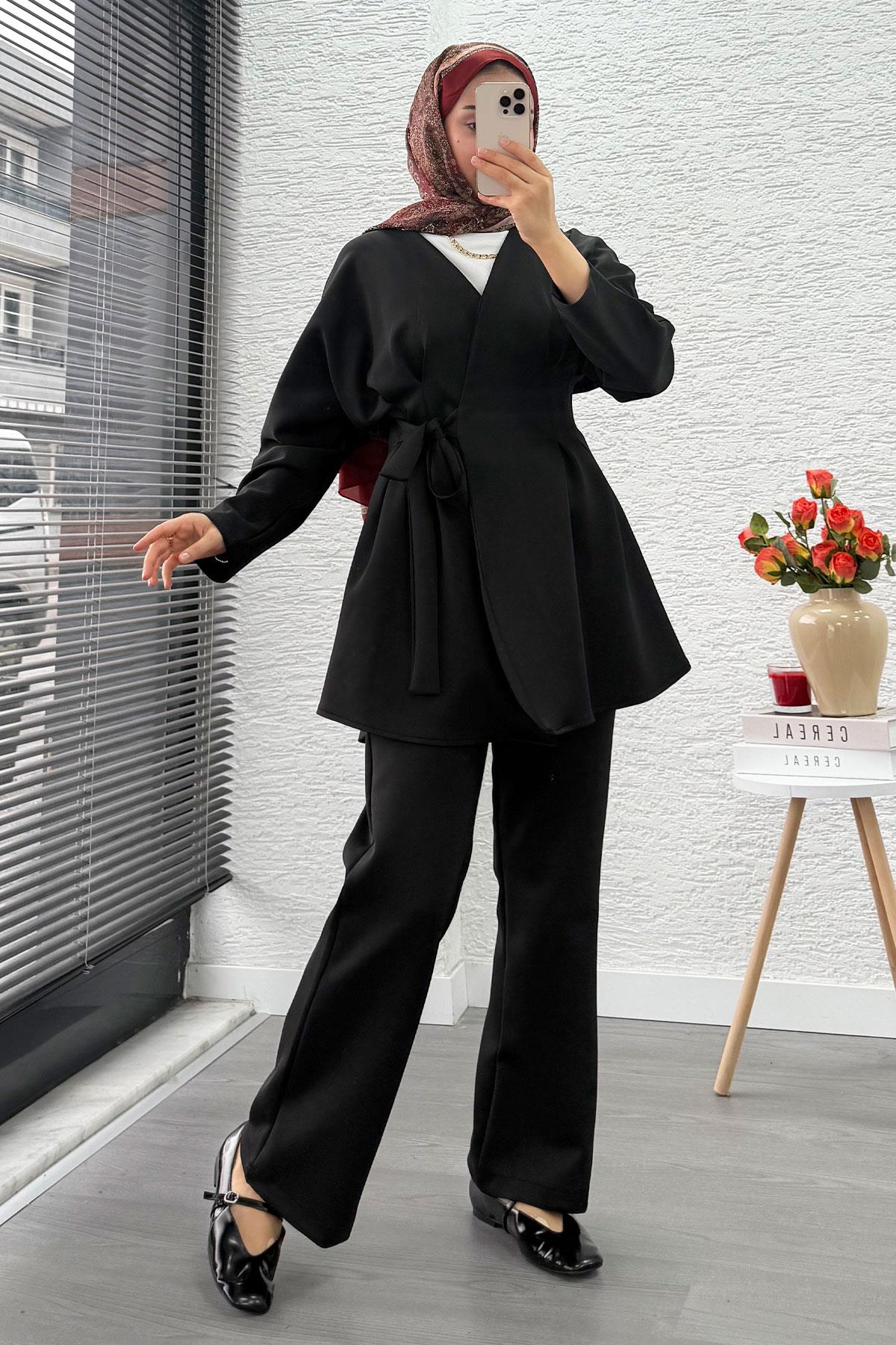 Kruvaze Yaka Pensli Tasarım Scuba Takım - Siyah