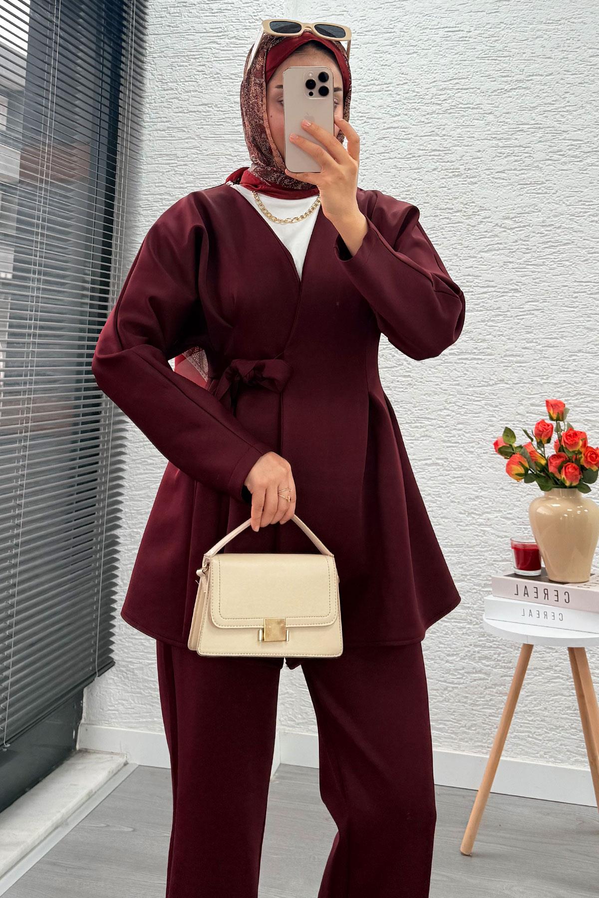 Kruvaze Yaka Pensli Tasarım Scuba Takım - Bordo