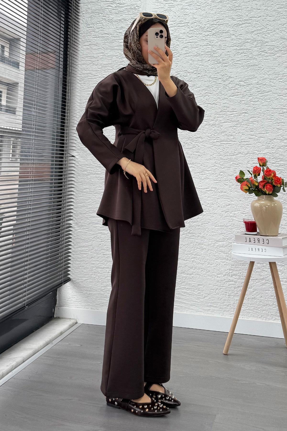 Kruvaze Yaka Pensli Tasarım Scuba Takım - Kahverengi