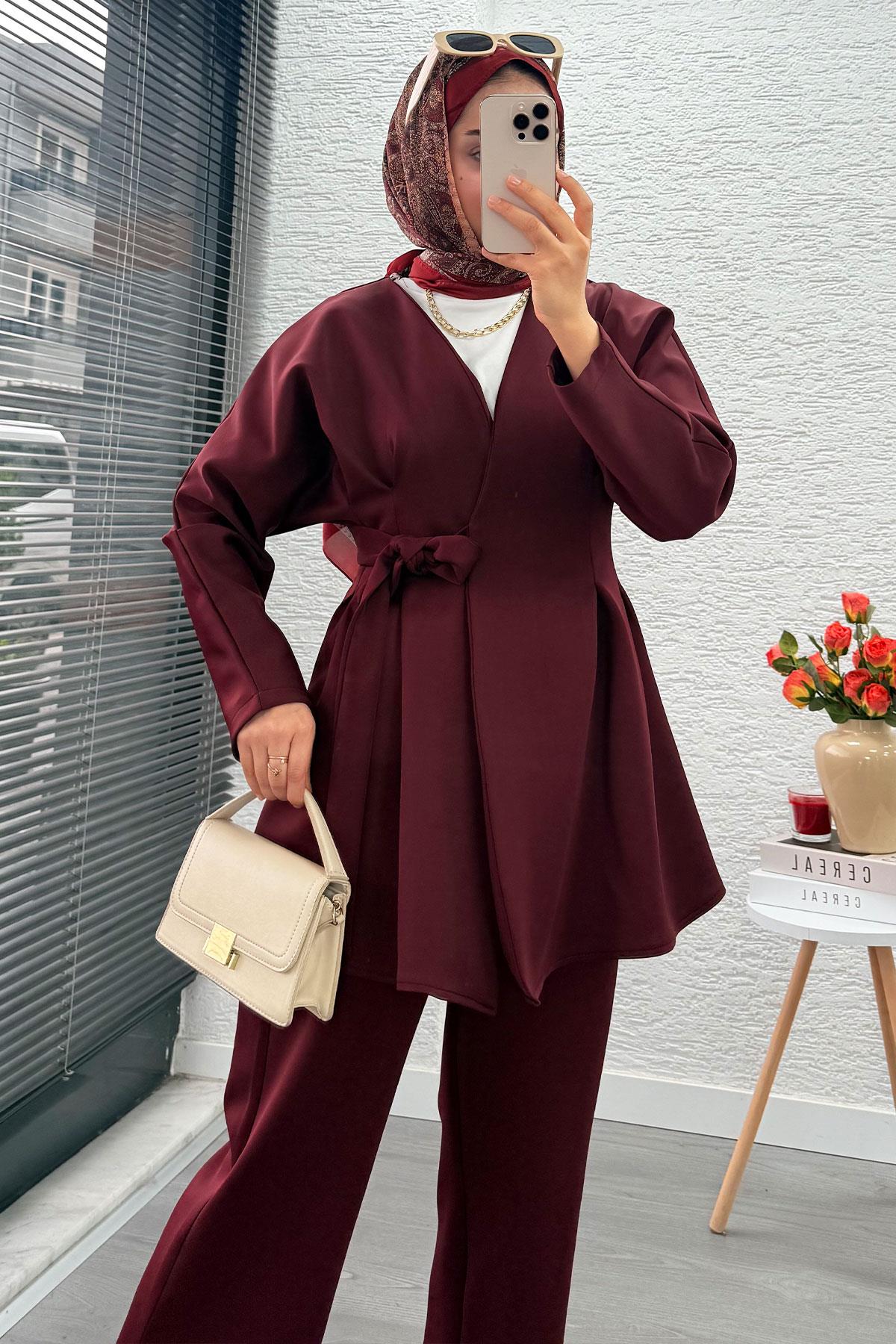 Kruvaze Yaka Pensli Tasarım Scuba Takım - Bordo