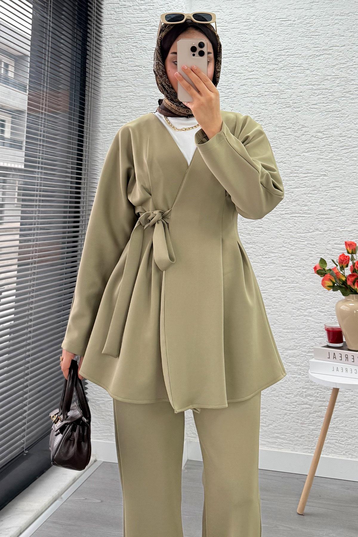 Kruvaze Yaka Pensli Tasarım Scuba Takım - Yeşil