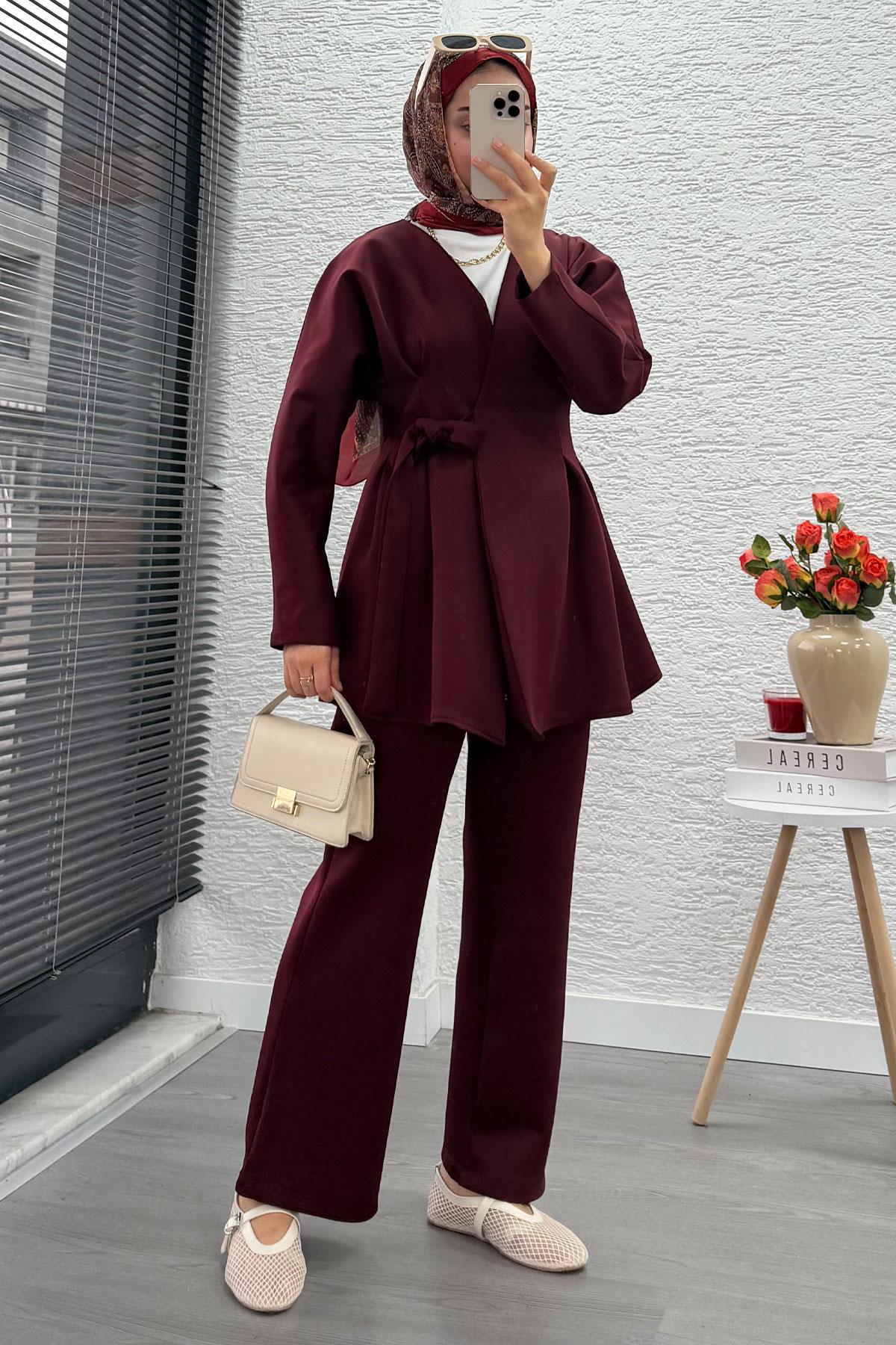 Kruvaze Yaka Pensli Tasarım Scuba Takım - Bordo