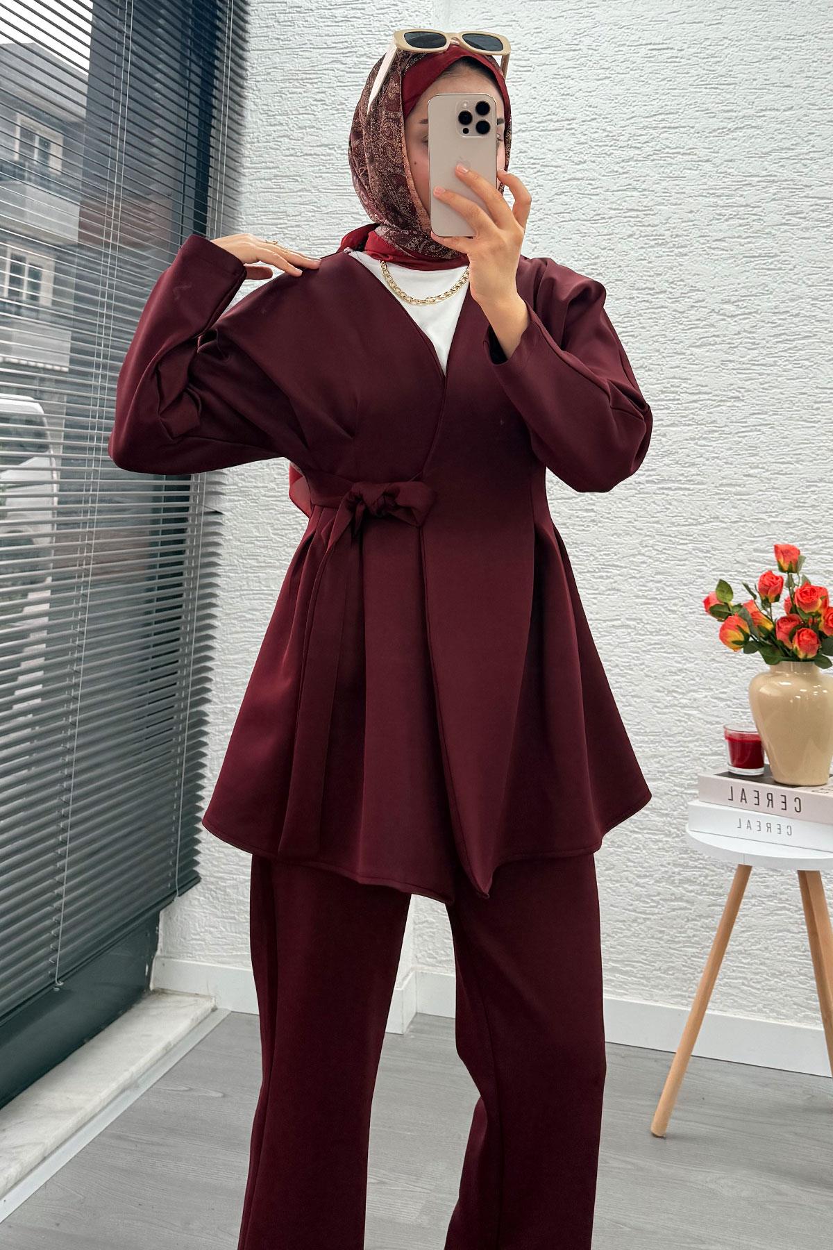 Kruvaze Yaka Pensli Tasarım Scuba Takım - Bordo