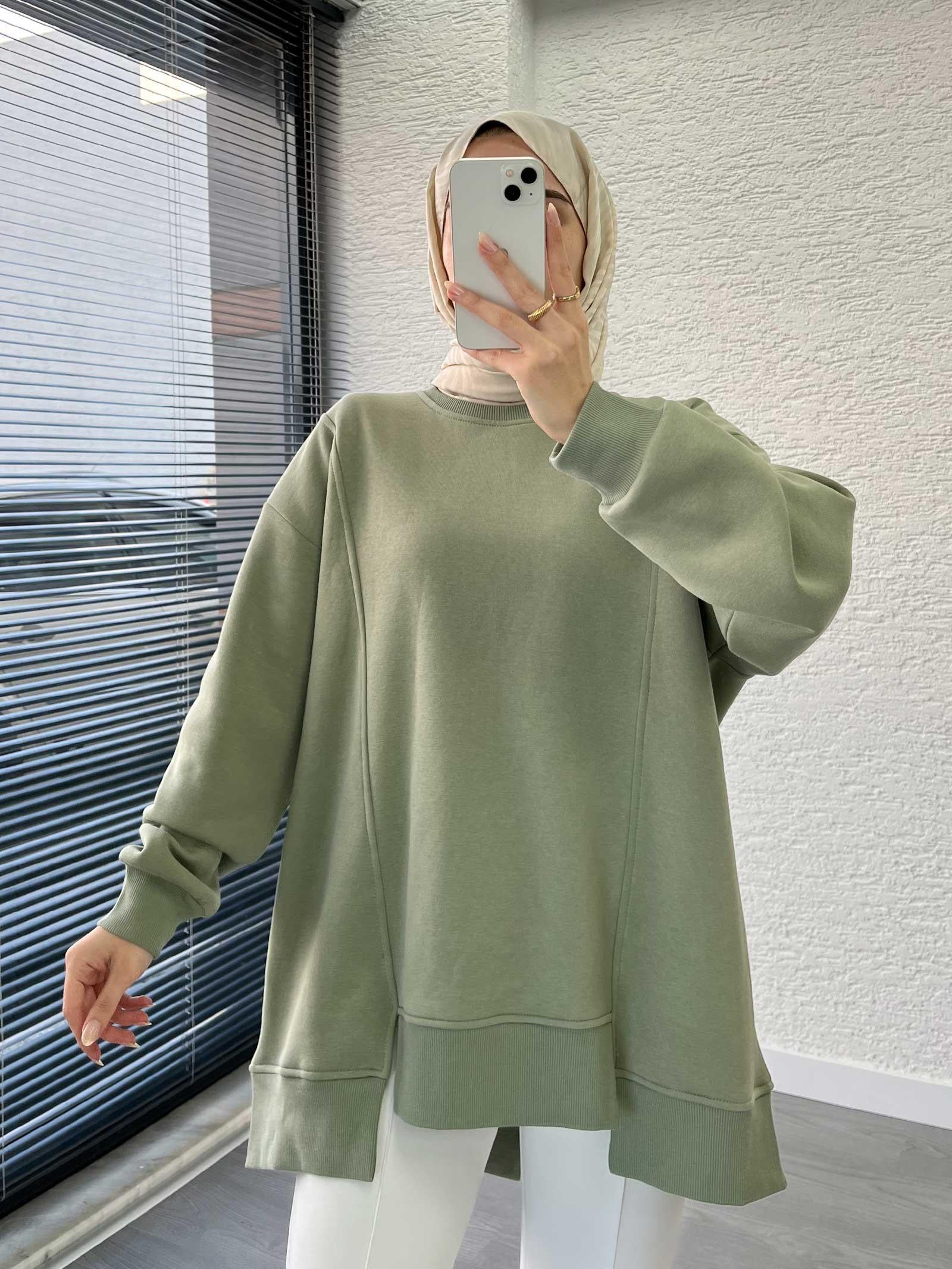 Küf Yeşili Arka Fermuar Detaylı Oversize Sweat