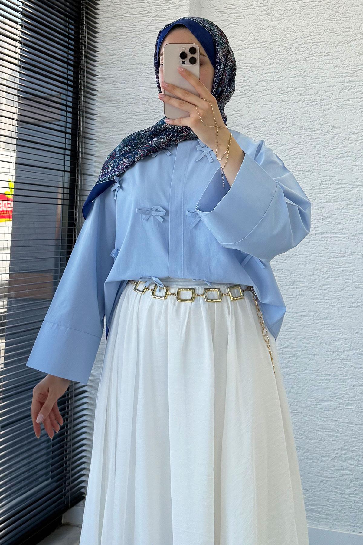 Kurdele Detaylı Kısa Poplin Gömlek - Mavi