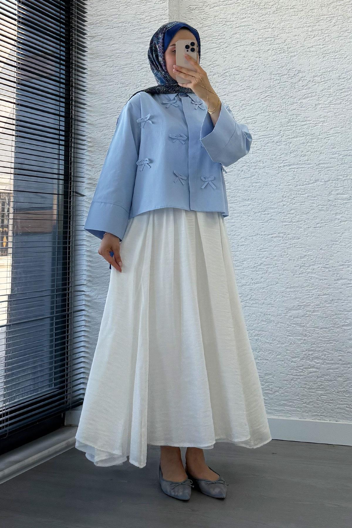 Kurdele Detaylı Kısa Poplin Gömlek - Mavi