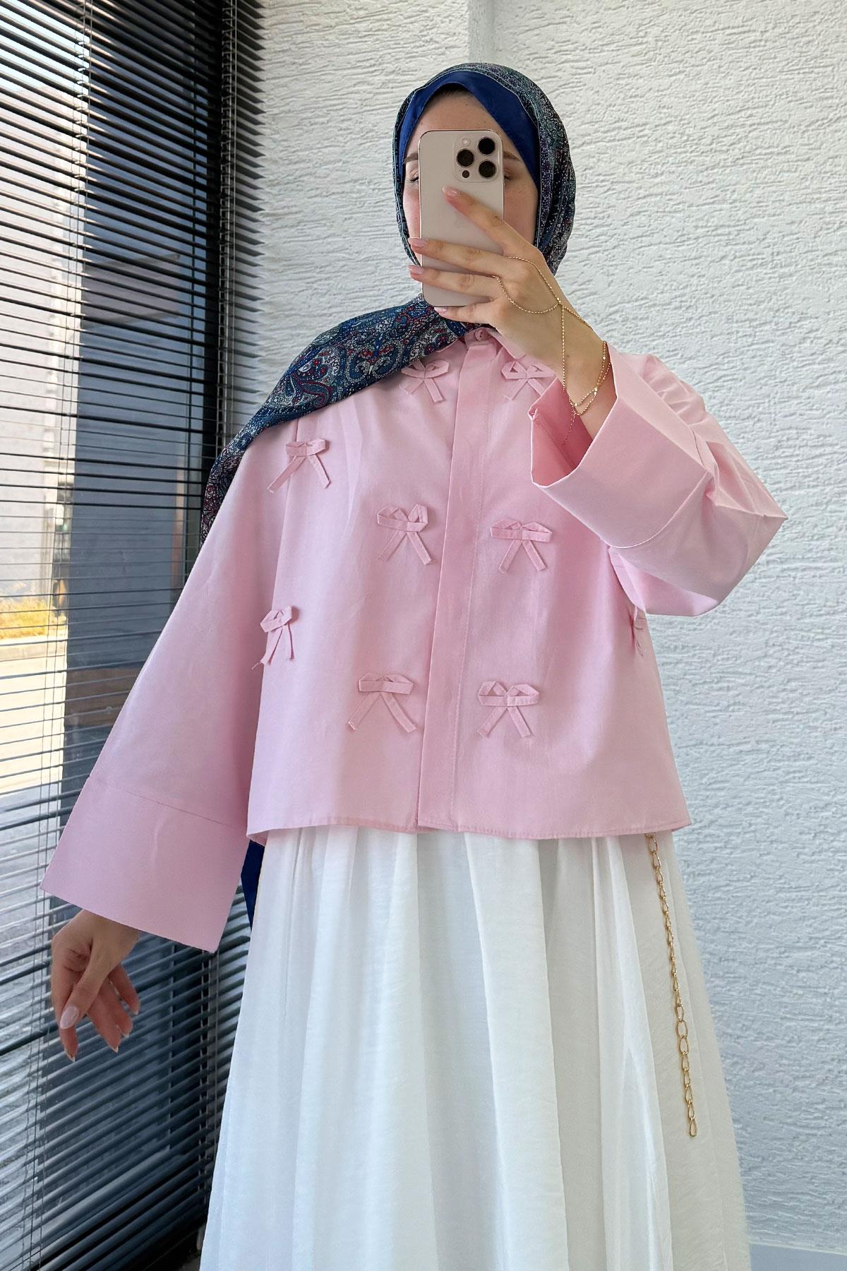 Kurdele Detaylı Kısa Poplin Gömlek - Pembe