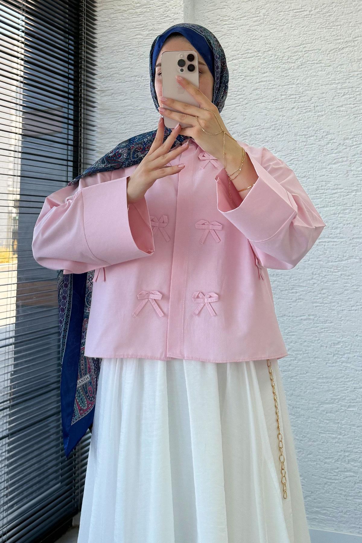 Kurdele Detaylı Kısa Poplin Gömlek - Pembe